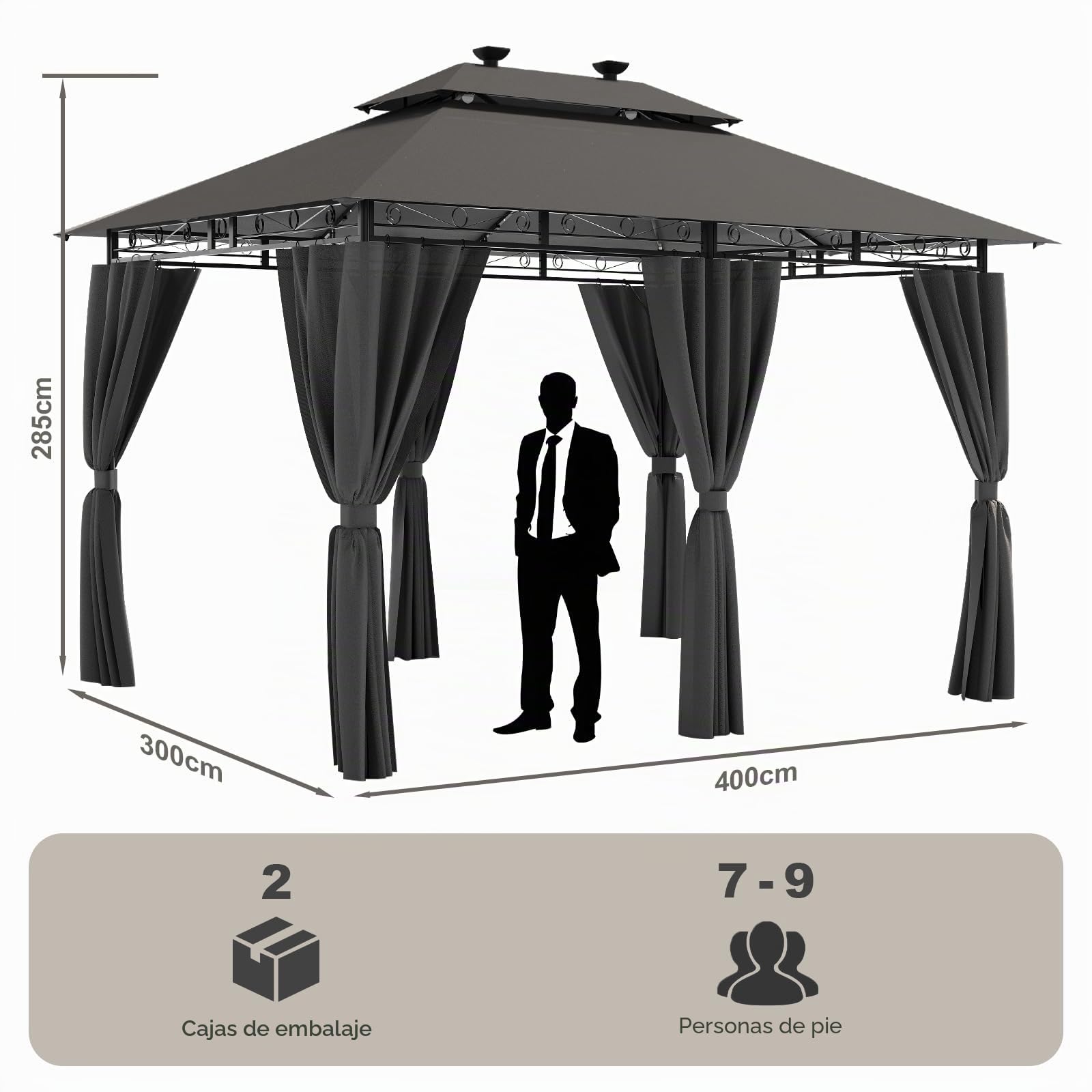 Devoko Cenadores para Jardin 3x4,Impermeable Cenador 3x4,Resistente Cenador al Aire Libre,Marco de Metal con Mosquitero Cenador,Gris