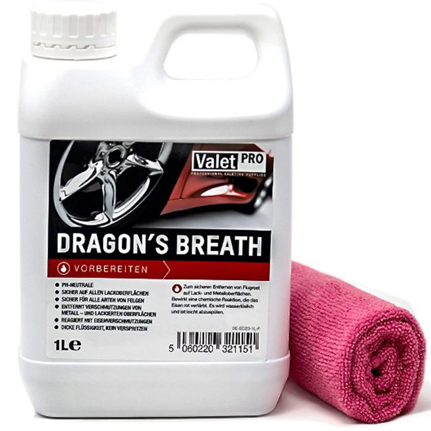 detailmate ValetPro Dragons Breath Bidon de 1 l de nettoyant pour jantes avec chiffon en microfibre 40 x 40 cm