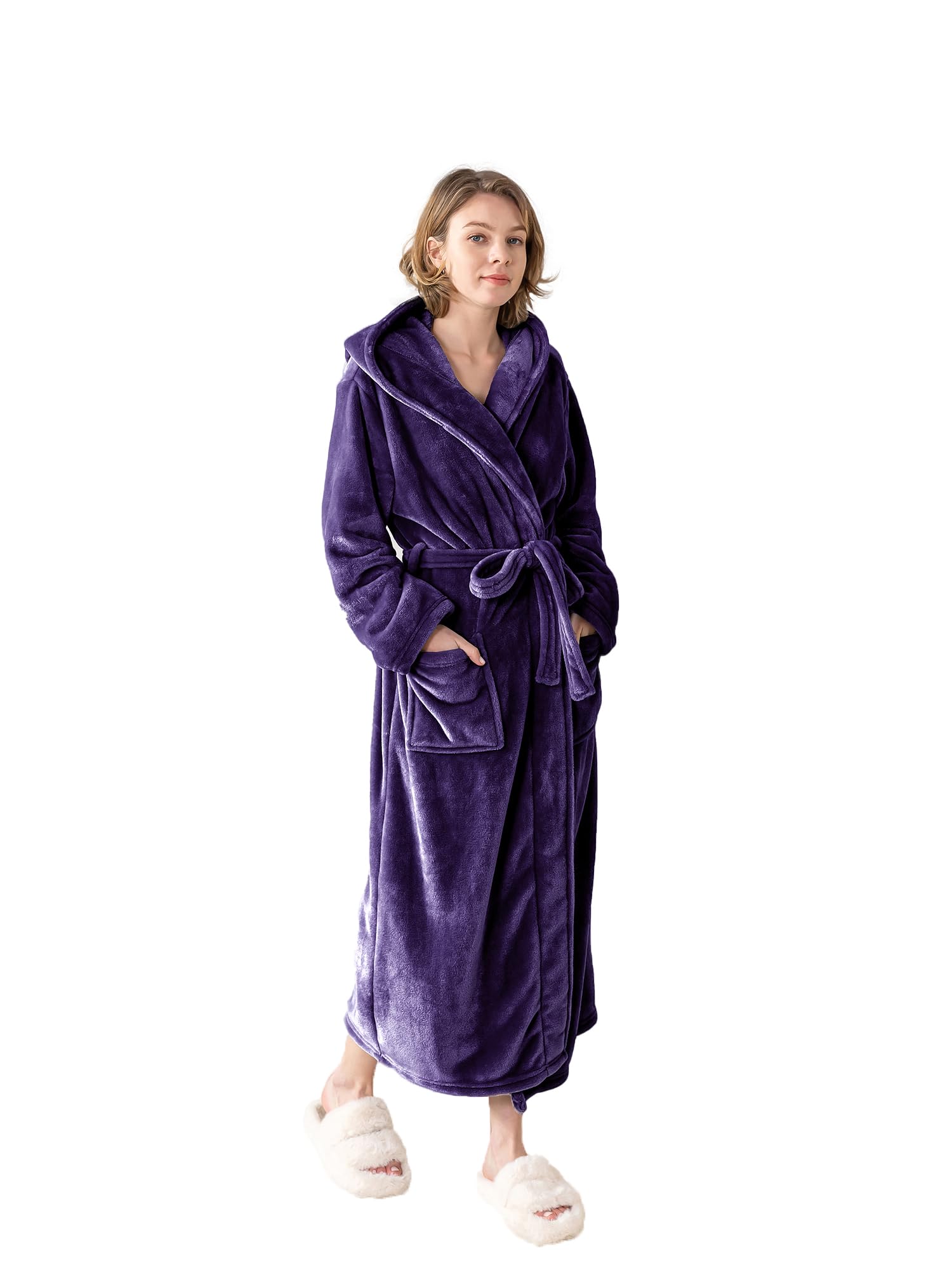 Robes for Women - Hooded Plush Fleece Bathrobe with Sash & Pockets, Full-Length Lightweight Spa Robe