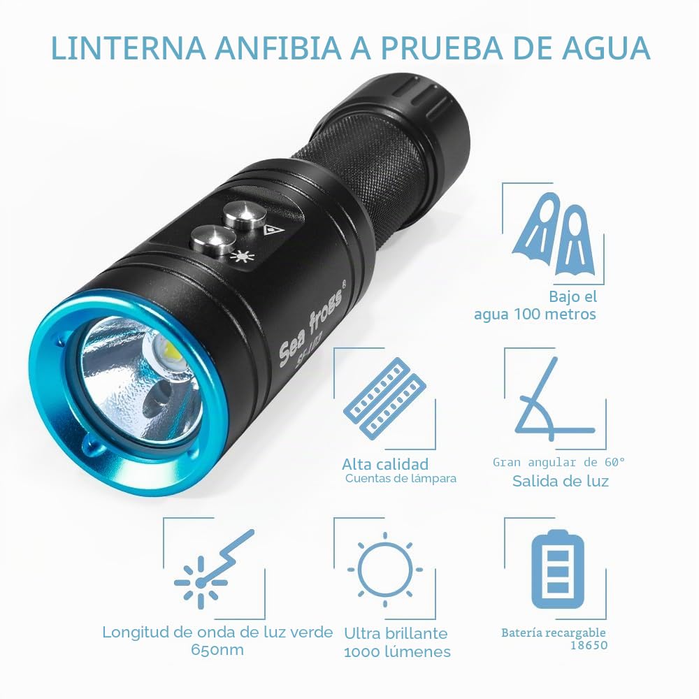 Sea frogs Linterna de buceo, linterna de buceo, luz de esnórquel, recargable, 100 metros, cargador de luz sumergible para bajo el agua, cueva marina profunda por la noche (SF-L03-KL)