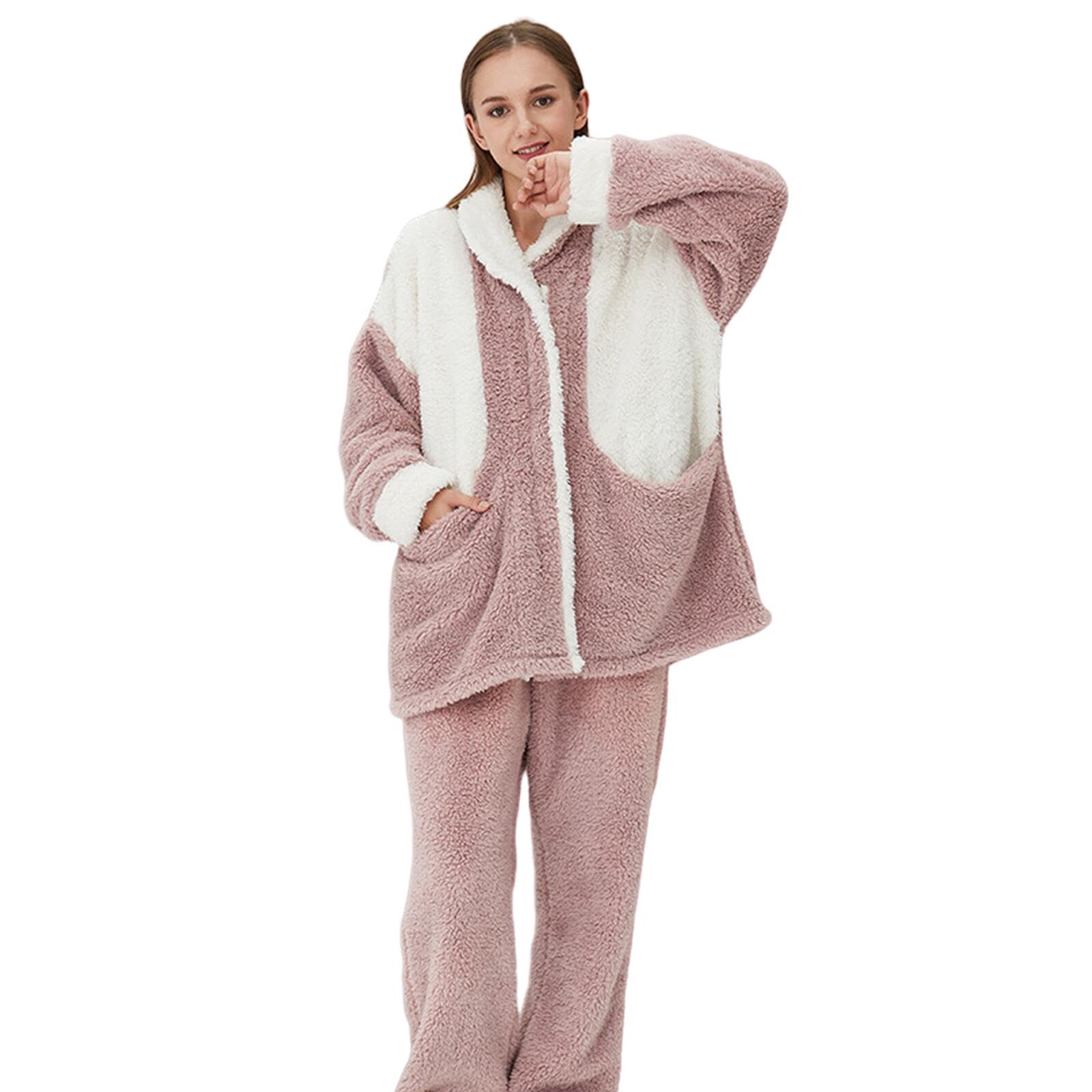 Pigiama Invernale da Donna Pigiama Caldo da Donna in Pile Corallo, Set di Abbigliamento da Casa con Bavero Cardigan