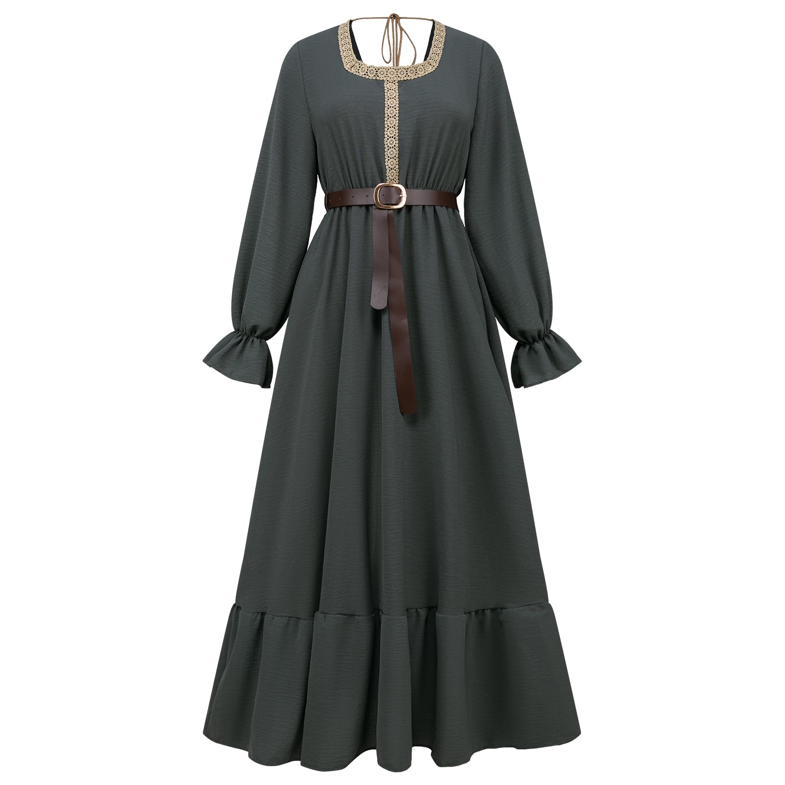NFAOEGJ Women Renaissance Costume Bell Sleeve Medieval Dress with Belt, for Party & Everyday Wear (L)