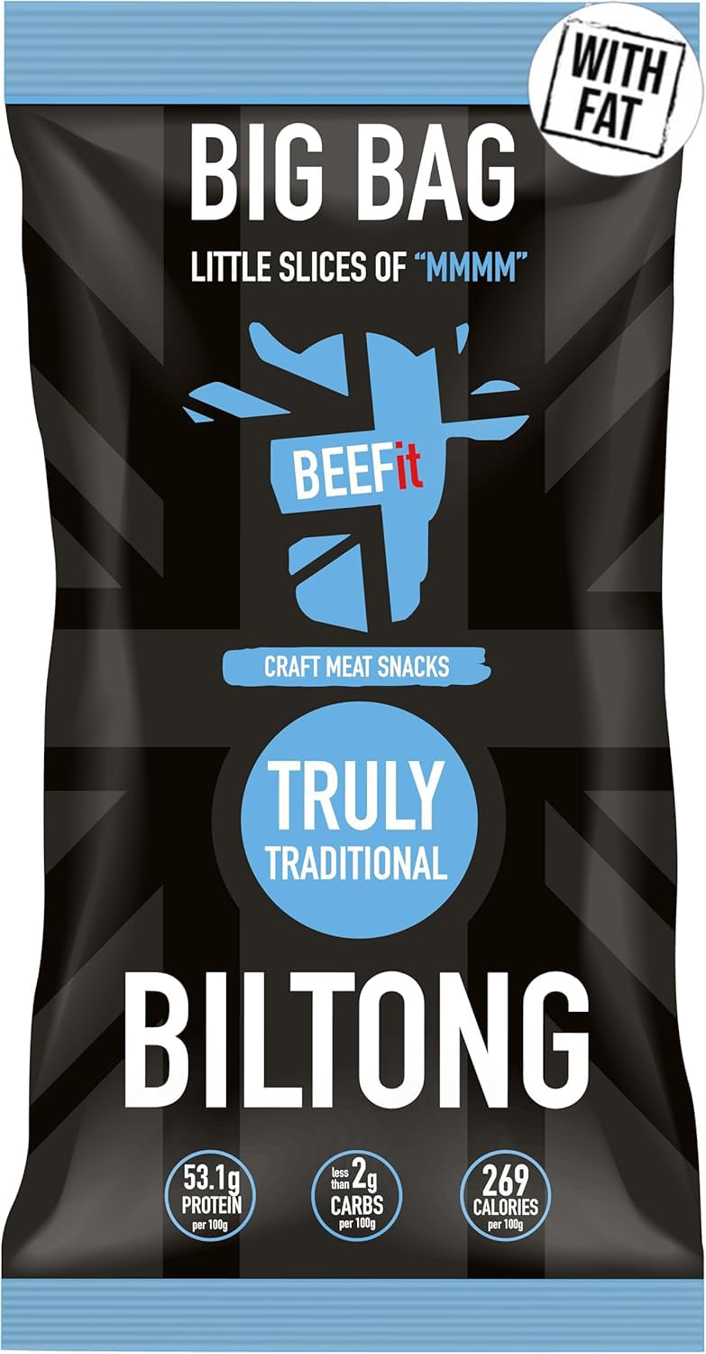 BEEFit Biltong Beef Jerky with Fat - Healthy High Protein Snacks, Gluten Free and Keto Friendly Snack - Perfect for On-the-Go or Fitness Enthusiasts (Traditional, 250g)