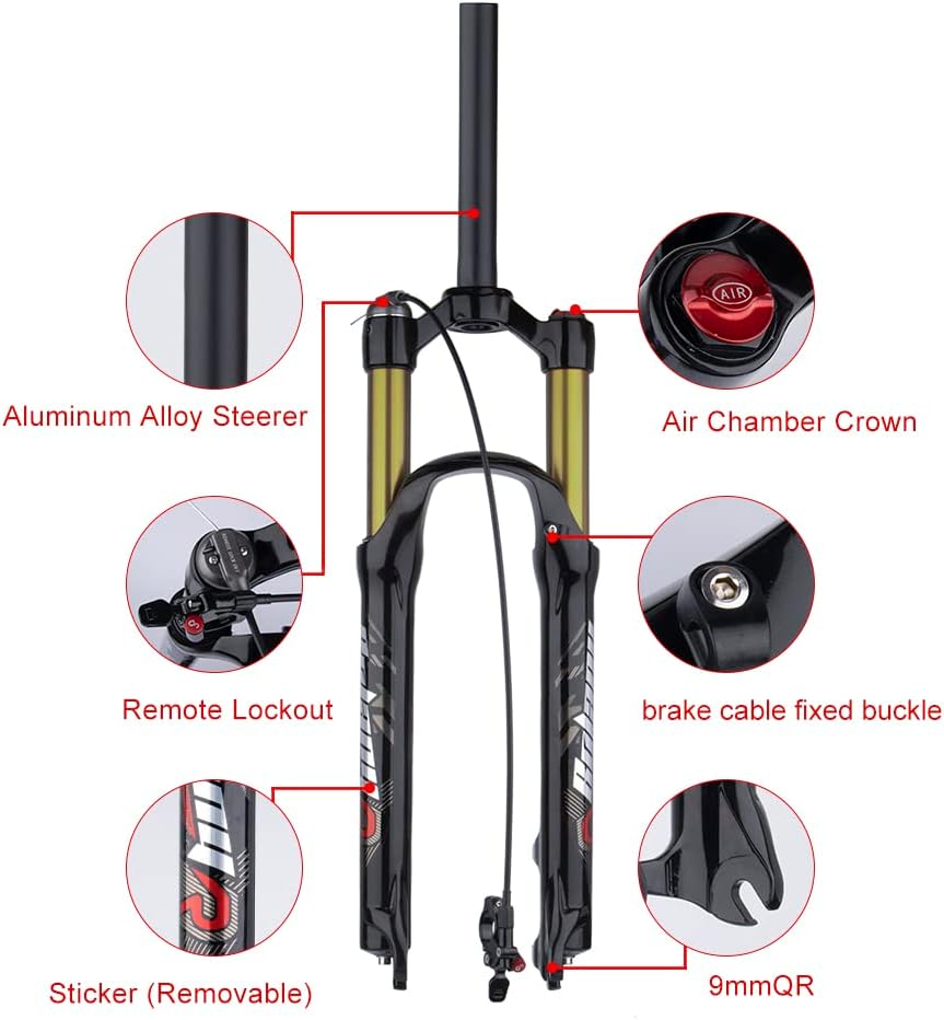 BOLANY 26/27.5/29 inch Bike Air Suspension Fork 120mm Travel Rebound Adjust 1/8 Straight/Tapered Tube Manual/Remote Lockout Bicycle Forks QR 9mm MTB Front Fork
