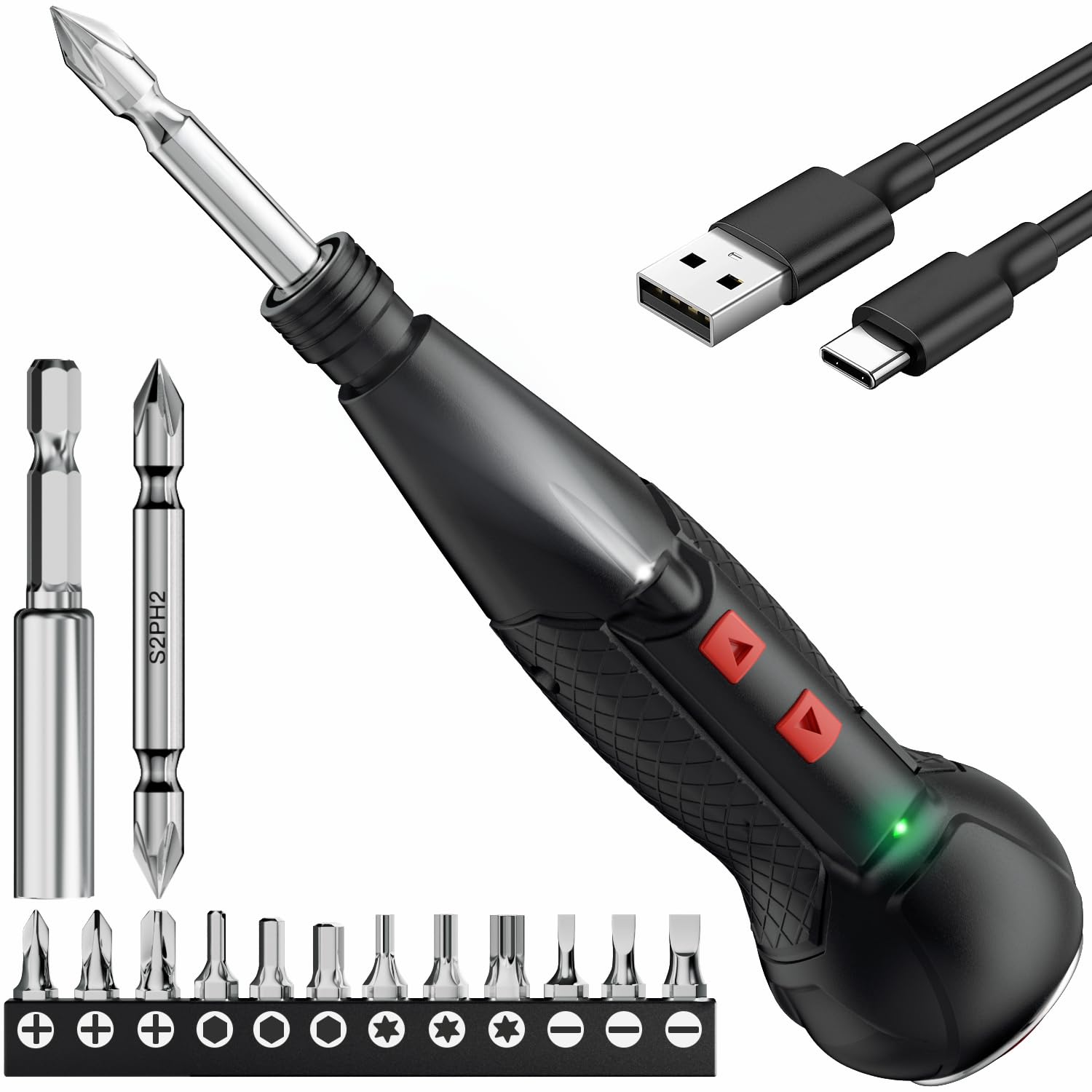 AAL 電動ドライバー 小型 携帯 手持ち Type-C USB充電式 人間工学設計 滑り止め 軽量 手動兼用 高輝度LEDライト 正逆転切り替え 初心者対応 操作簡単 家庭用 DIY用 合金製 ビット 14本付 2026強化版