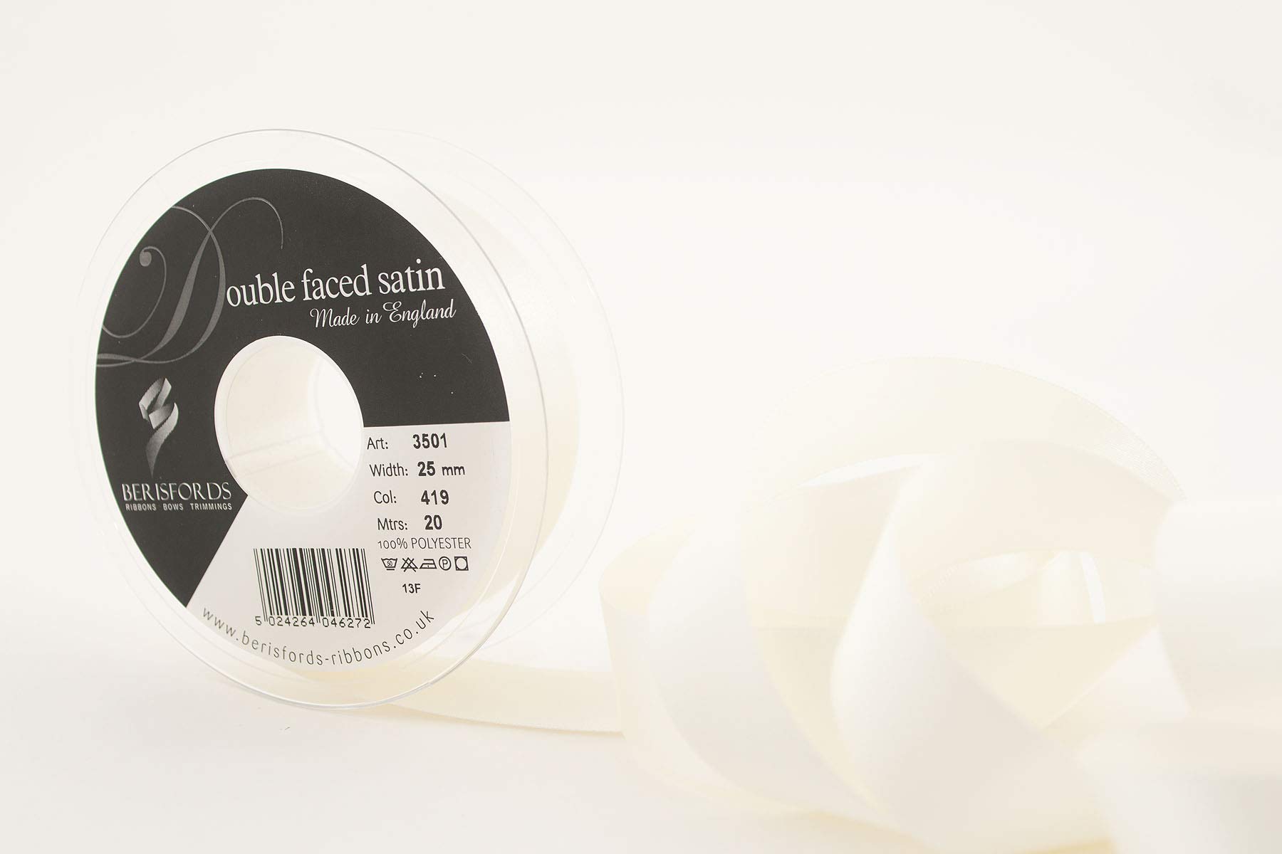 Berisfords 3501 Double Satin Ribbon, Bridal White, 25 mm