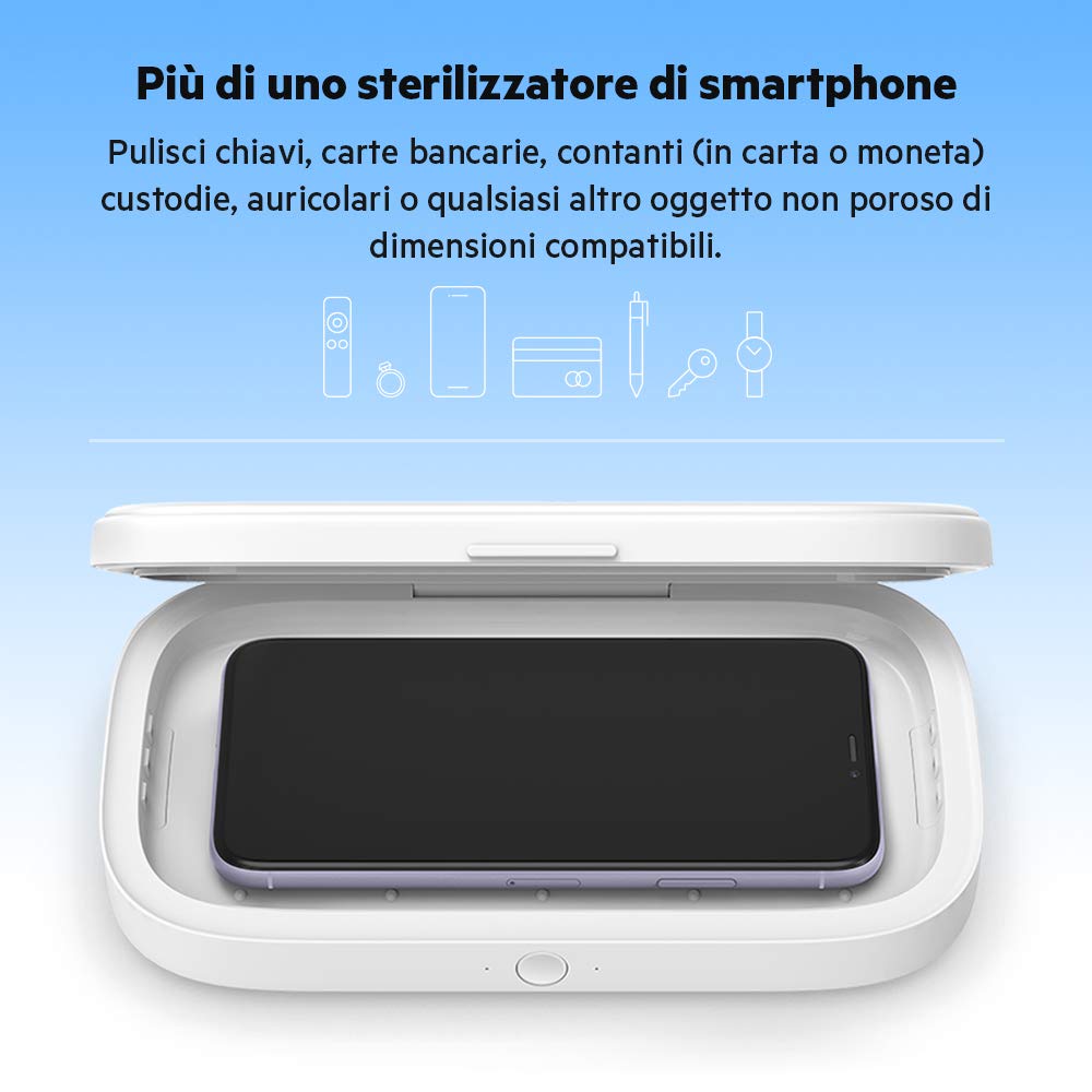 Belkin Boost Charge Sterilizzatore a raggi UV + Ricarica Wireless Rapida (elimina il 99% dei batteri, sterilizza telefoni, chiavi, carte di credito) per iPhone, Samsung, Google ecc, con alimentatore