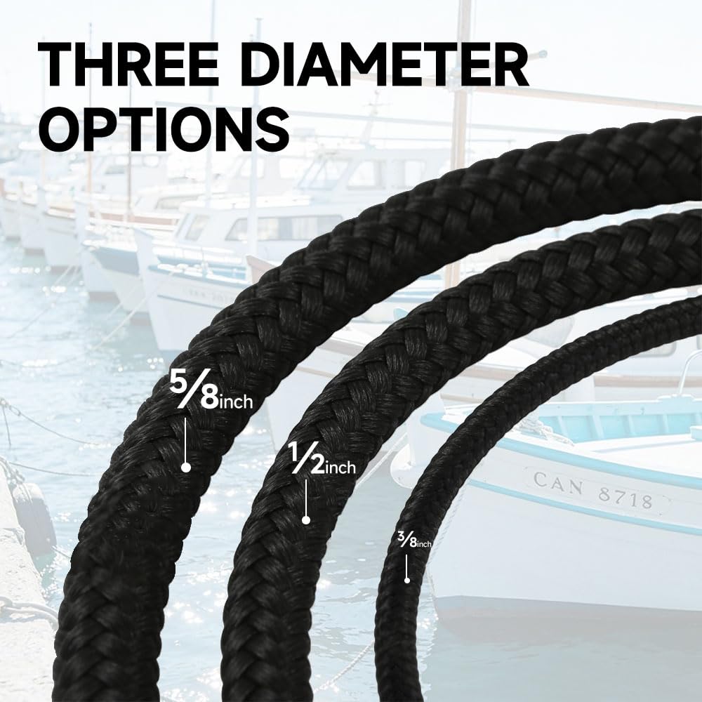 Bungee-Dockleine für Boote, 0,95 cm x 3 m, doppelt geflochtenes Nylonseil mit Edelstahl-Karabiner-Clips, schwarz, verstellbare Spannung, Festmacherseil mit Schaumstoffschwimmern, 2 Stück