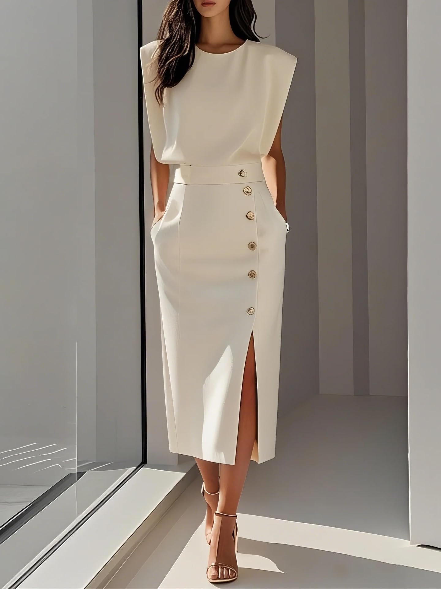 Vestito Donna Abito Midi Aderente da Donna Elegante Abiti Tubino Avvolgente con Scollo Rotondo E Bottoni Laterali Vestiti Lungo da Lavoro E da Ufficio con Tasche da Cerimonia