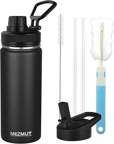 Miniatura 26 de MEZMUT Botella de agua aislada con popote y 2 tapas, botellas de agua de acero inoxidable de 40 onzas, botella de agua deportiva de metal, botellas