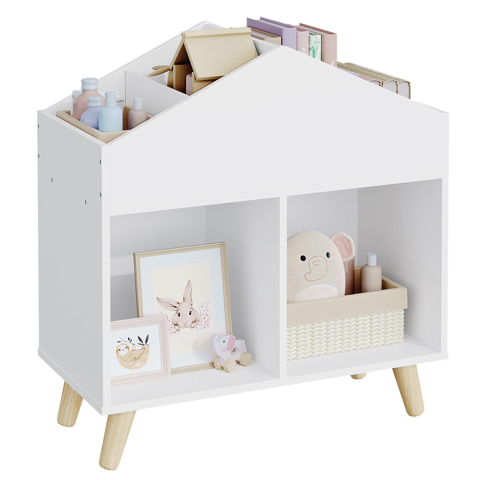 Lestarain Librería Infantil, Estantería Organizador de Juguetes y Libros para Niños, Librería en Forma Casita con 6 Compartimientos y Patas de Madera Maciza, Blacnco, 60x30x64,5 cm