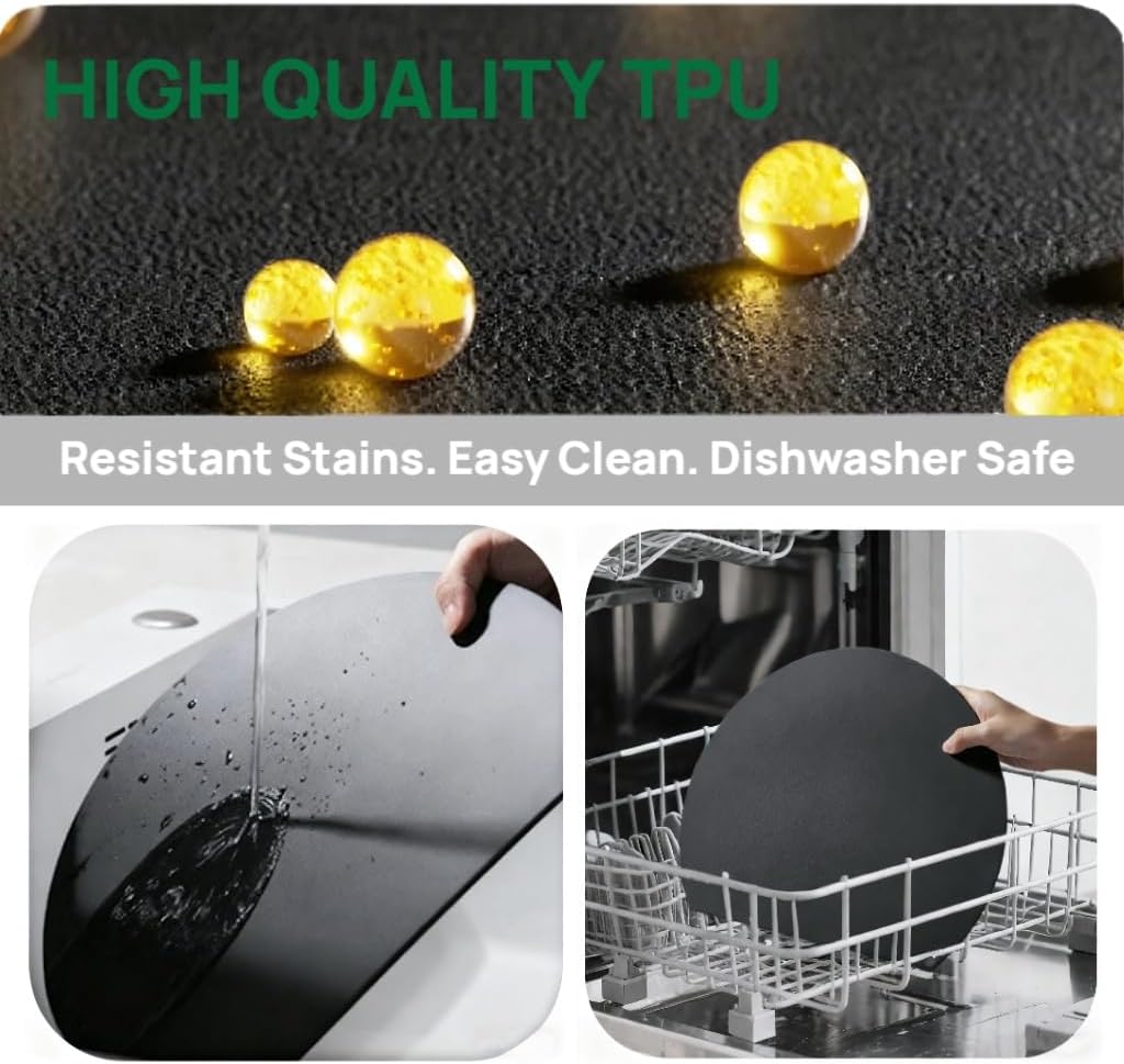 Cutting Mats for Kitchen, Thin Cutting Boards Flexible, Rubber cutting board, Food Grade TPU Black, Cutting Boards Non Toxic Small, Dishwasher Safe, 2 Pieces (2, Black/Black-D Shape)