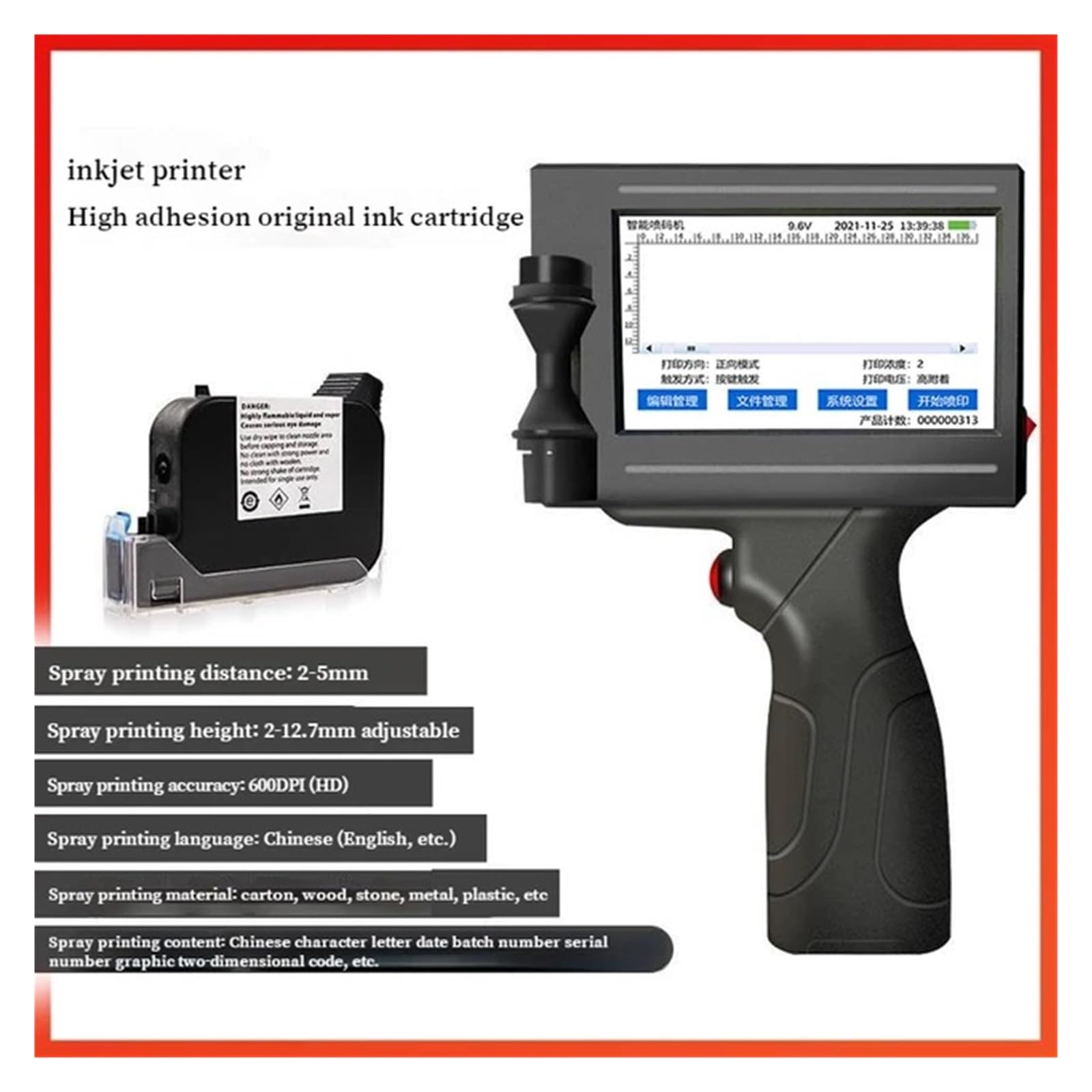 Intelligenter Handheld-Tintenstrahldrucker, kleine automatische Codiermaschine, Fließband, Etiketten, Verpackungsbeutel, QR-Code, Barcode, Logo-Drucker(Without Ink Cartridge)