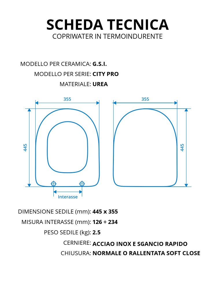 Copriwater per G.S.I. CITY PRO TERMOINDURENTE BIANCO cerniera inox normale o rallentata soft close