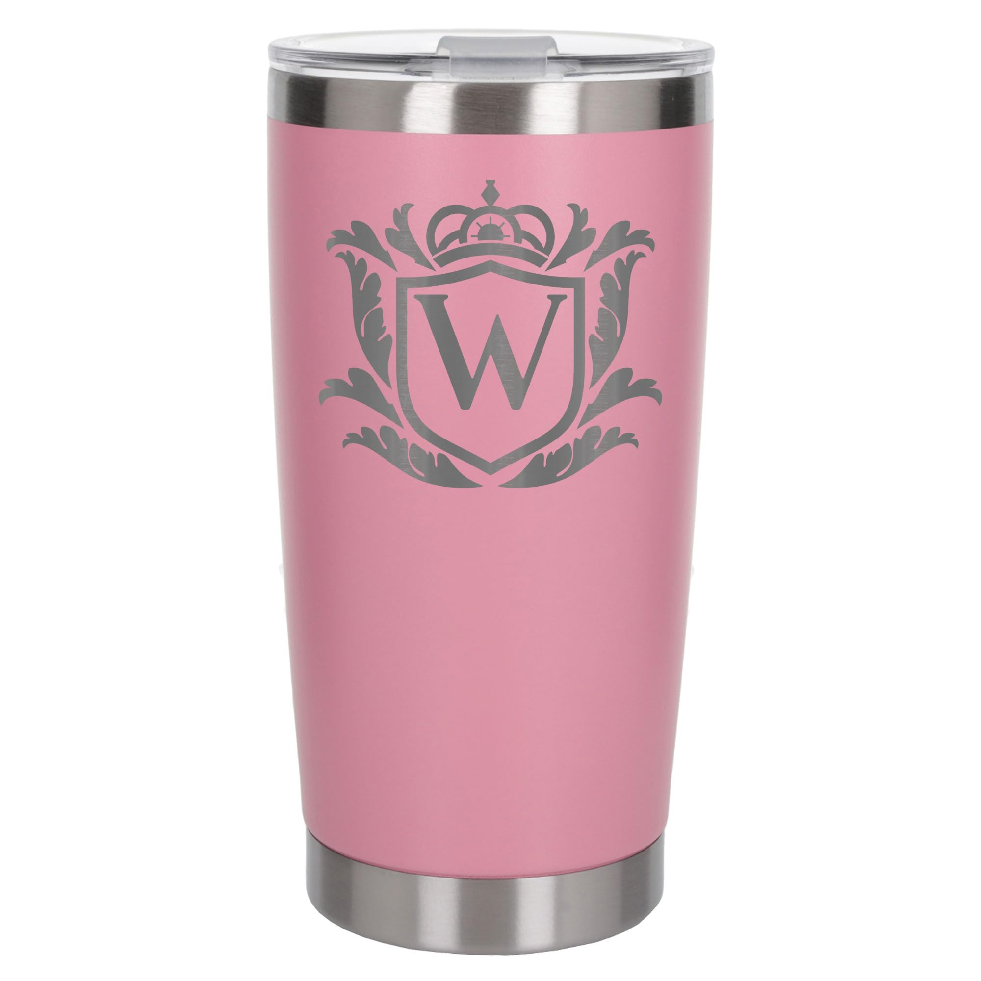 Customised Gifts 500ml Engraved Shield Initial Monogram Insulated Personalised Light Pink Travel Mug for Men and Women - Personalised Initial Coffee Travel Mug for Hot and Cold Beverages, Letter W