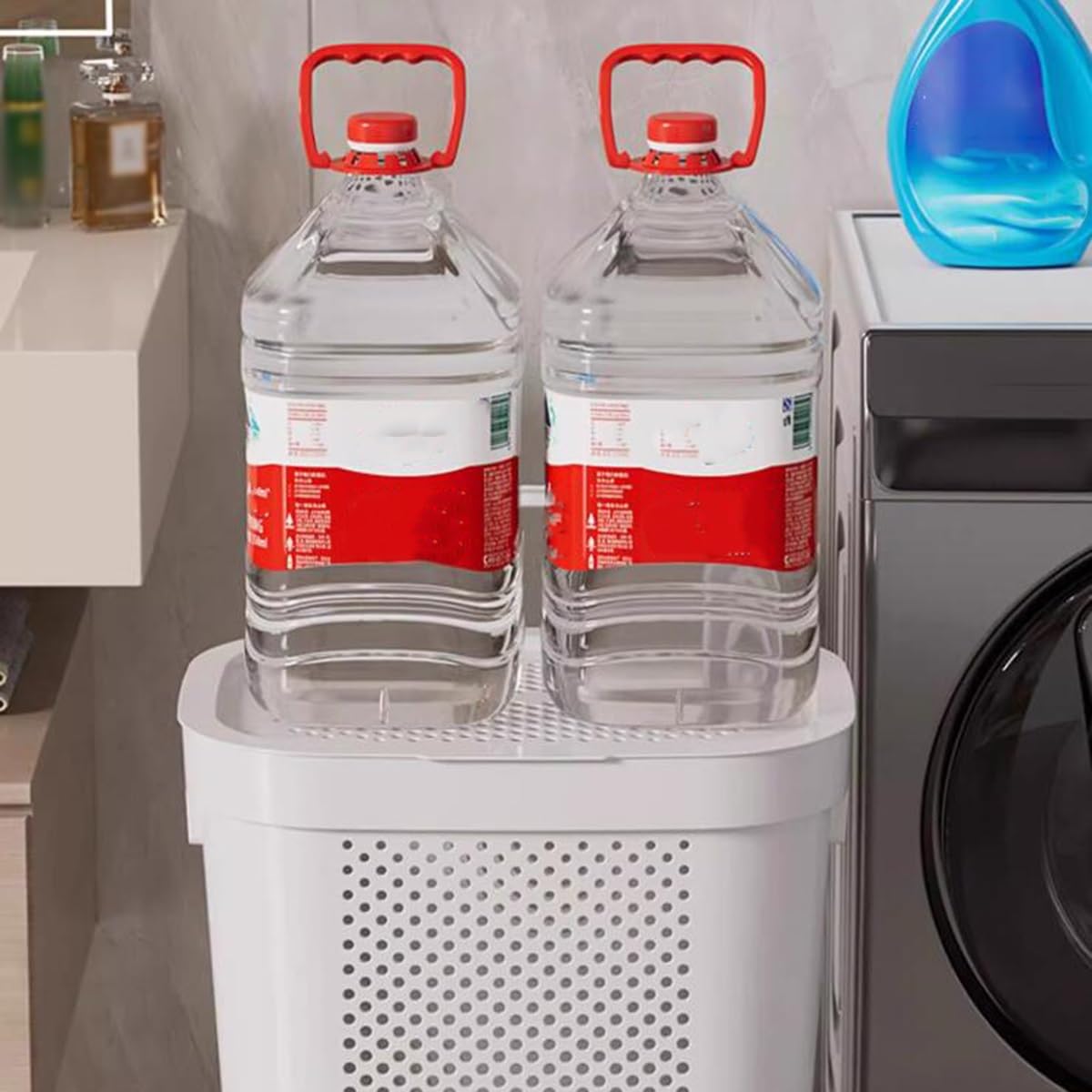 GIZNXBA Wäschesammler Mit Rollen Und Deckel, Wäschekorb Plastik, Wäschewagen Schmal Schmutzwäschekorb Mit 2 Hängekörben Für Bad, Schlafzimmer, Waschküche(/Gray)