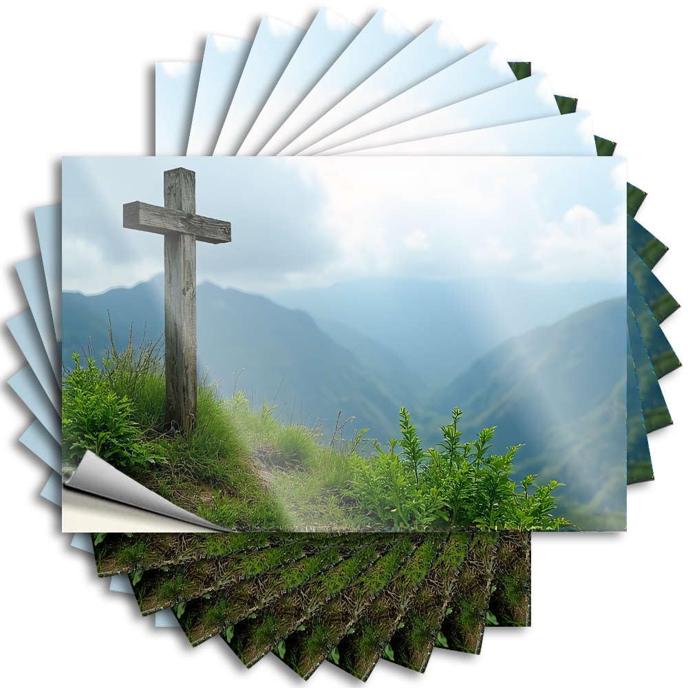 Fzfn Men's Colour Fall Hard Sticker | A Wooden Cross Stands On A Grassy Hill Overlooking A Mountainous Landscape. Rock Durable Vinyl Sticker Easy Apply For Indoor(8X12cm)