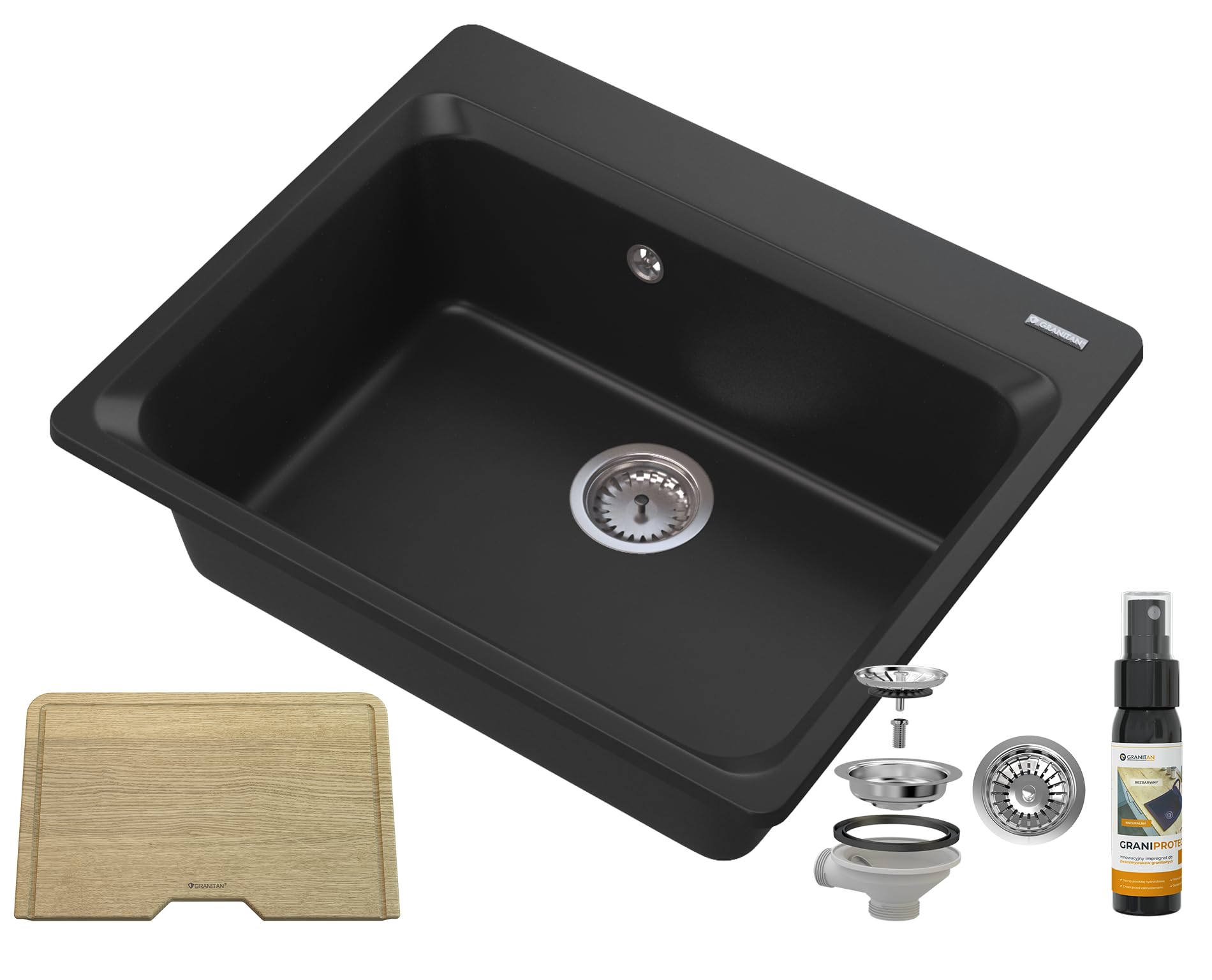 Granitan - ZANTE zlewozmywak granitowy 1 umywalka z płyty dębowej - higieniczny i elegancki - 80% granit - w zestawie impregnat GraniProtect - w kolorze czarnym - wytrzymały syfon chromowany