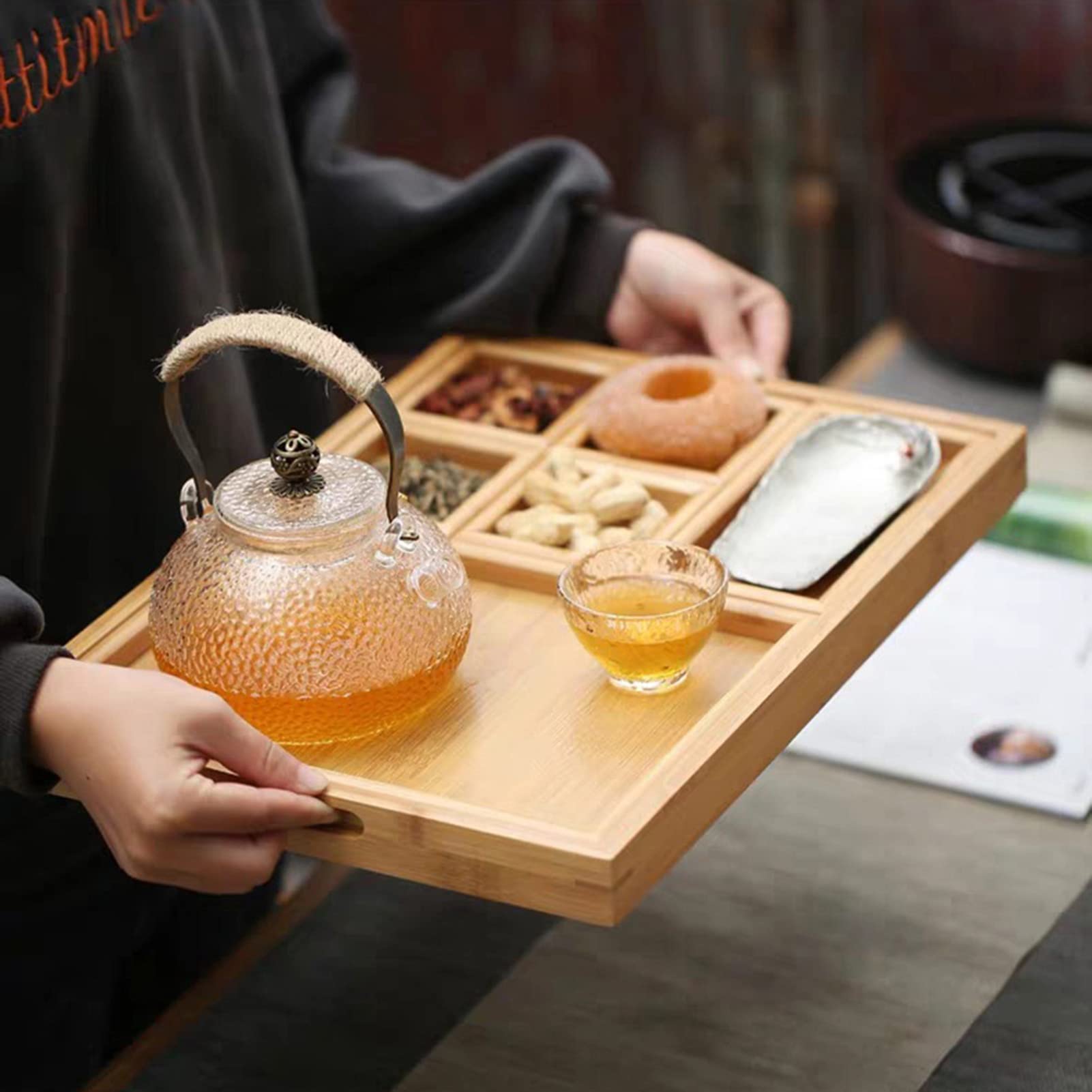 Juego Combinado de Bandeja de bambú para Frutas secas, Bandeja de té y Soporte para Platos de Aperitivos, Ideal para la Ceremonia del té en casa; Bandeja de Frutas de bambú