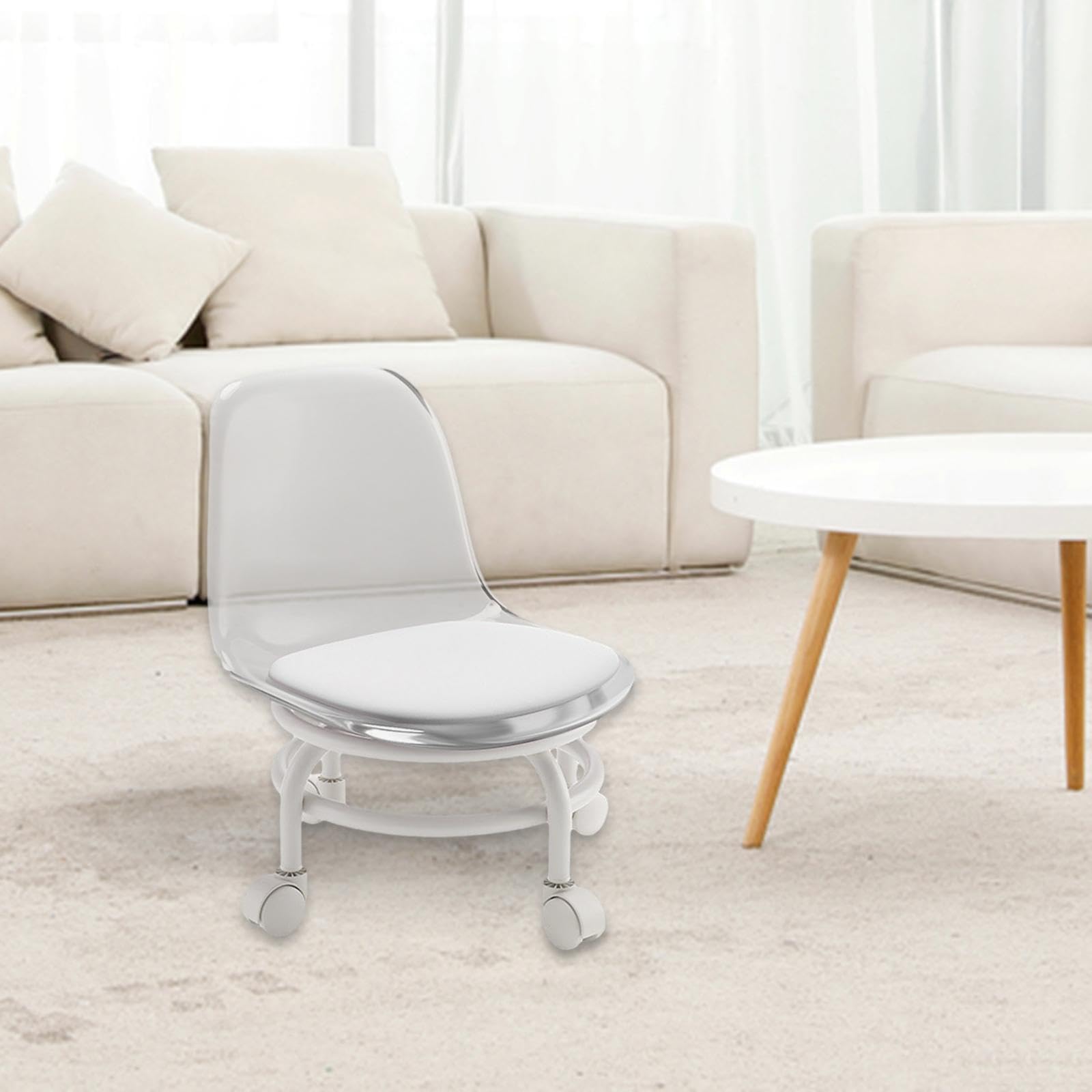 Taburete Bajo con Ruedas Asiento Rodante Silla Giratoria con Respaldo Tapizado en Cuero PU Material Resistente Adecuado para Limpieza en El Hogar Ofic, Claro, Individual