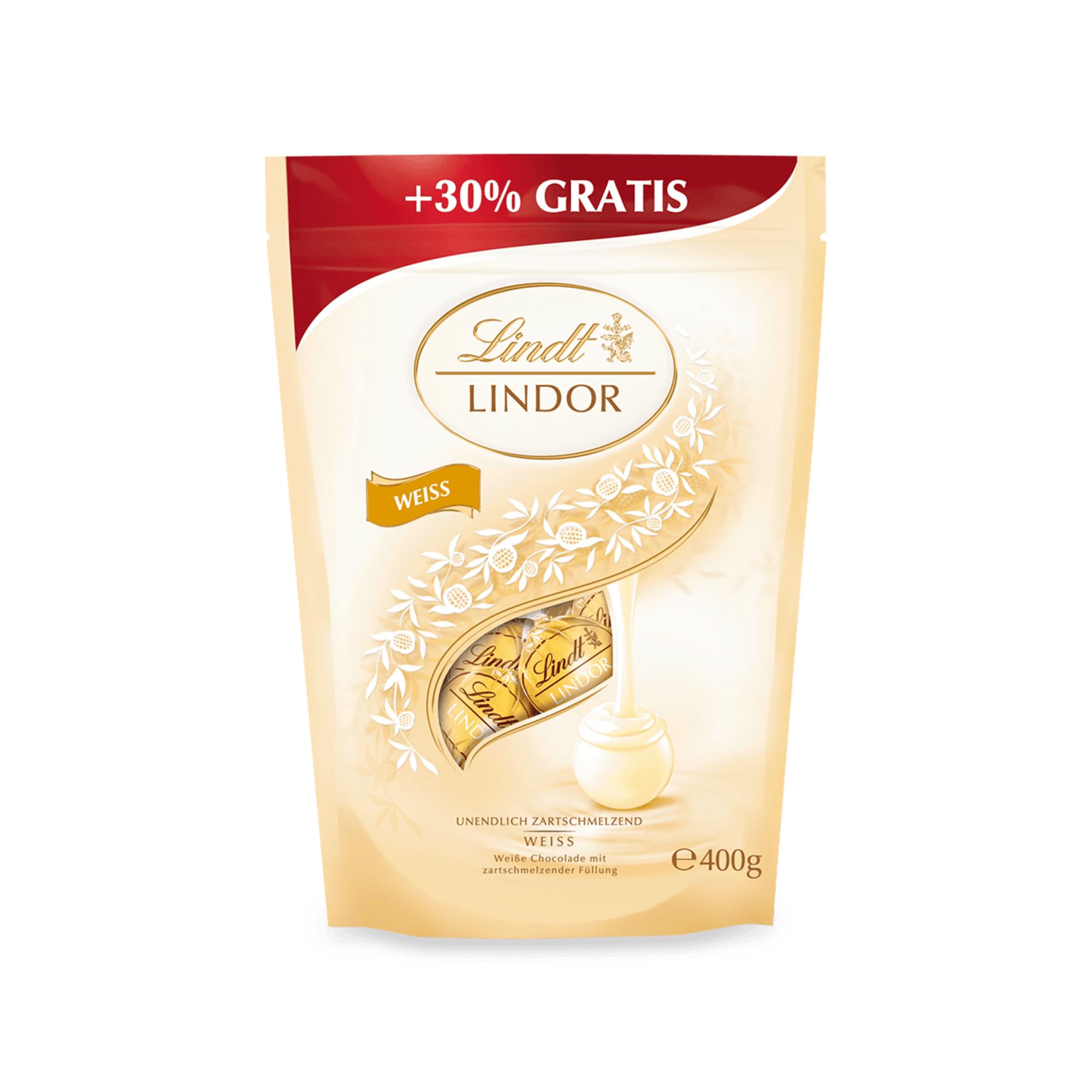 Lindt Schokolade LINDOR Kugeln weiß | 400 g | Ca. 30 Schokoladen Kugeln weiße Schokolade mit zartschmelzender Füllung | Pralinengeschenk | Schokoladengeschenk