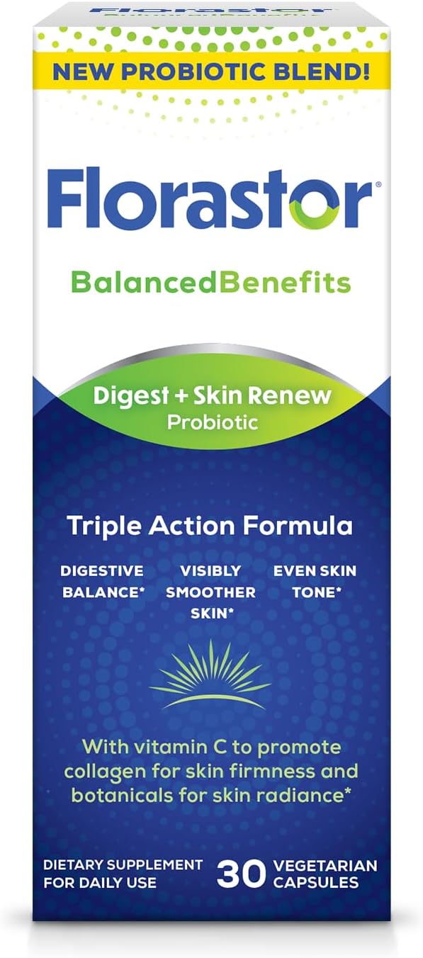 Florastor Digest and Skin Renew - Probiotic for Skincare and Digestive Health with French Melon, Damask Rose Extract, Acerola Cherry & Vitamin C, 30-Count