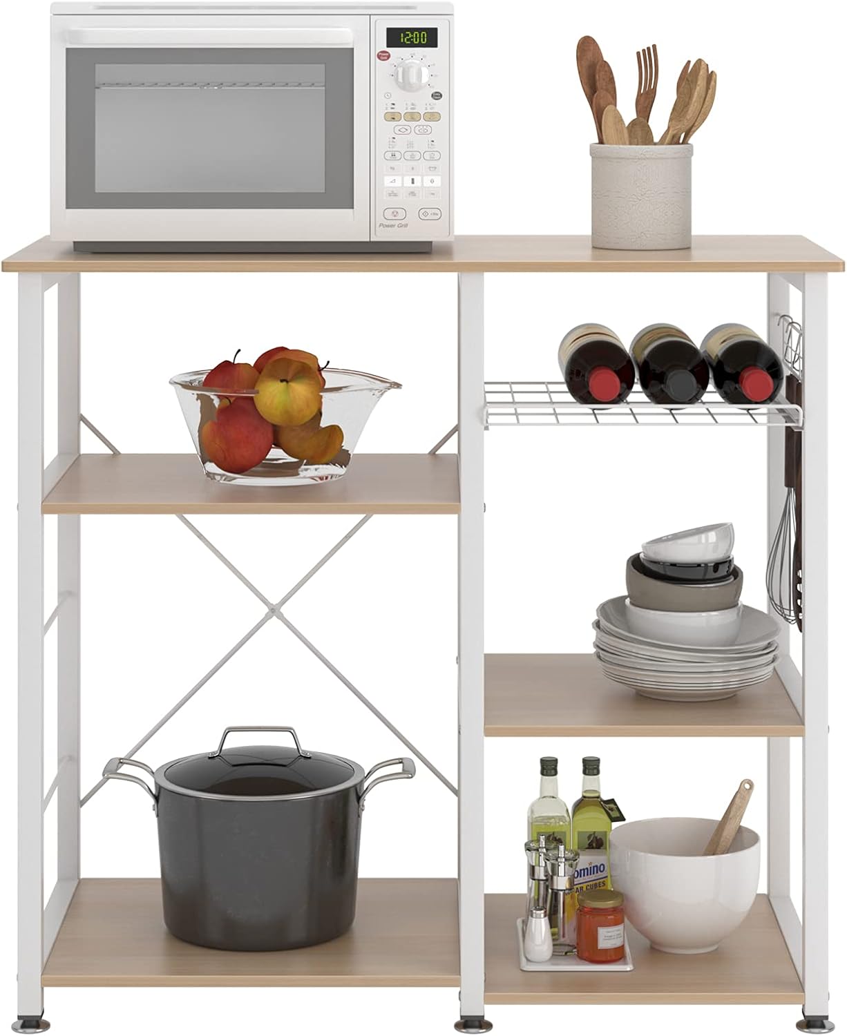 SogesGame Kitchen Cart 3-Tier Kitchen Baker's Rack Utility Microwave Oven Stand Storage Rolling Workstation with Hooks for Living Room,Maple