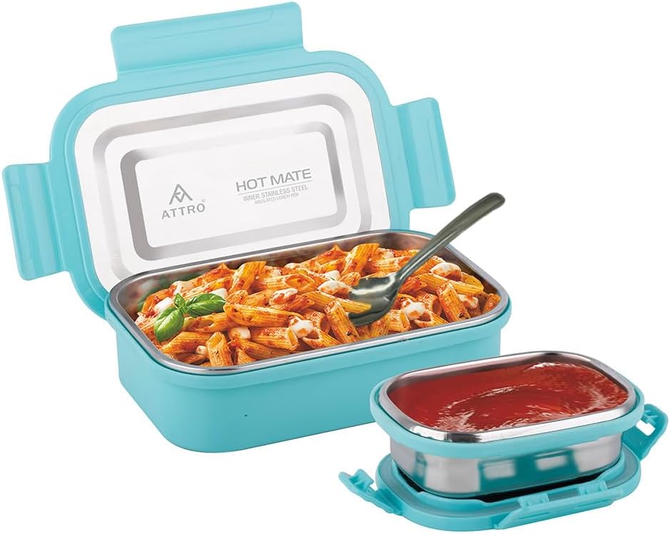 Attro Hotmate Stainless Steel Insulated Airtight Leak-Proof Lunch Box Unbreakable Lid,Snacks Tiffin for Kids,Light Weight,Easy Clean for Office,School,Picnic&Travelling,800 Ml - Pastel Green