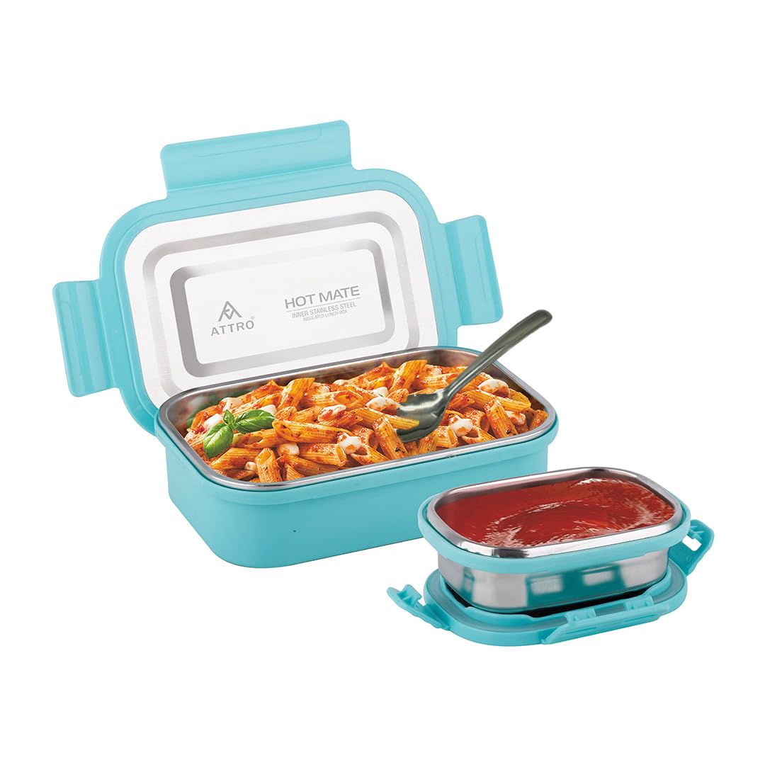 Attro Hotmate Stainless Steel Insulated Airtight Leak-Proof Lunch Box Unbreakable Lid,Snacks Tiffin for Kids,Light Weight,Easy Clean for Office,School,Picnic&Travelling,800 Ml - Pastel Green