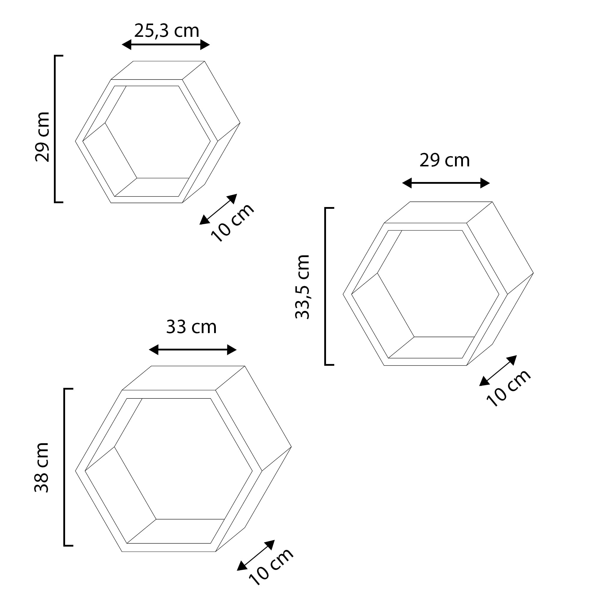 HOMN LIVING Set de 3 Etagères murales Nuno hexagonales, Bois de Paulownia