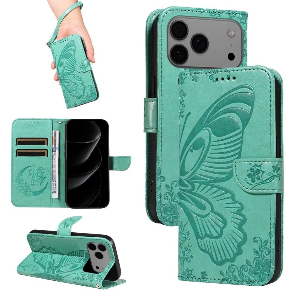 Generic Étui compatible avec iPhone 6/7/8/SE2/SE3 (Couleur : vert) Motif papillon Portefeuille en cuir Étui à rabat