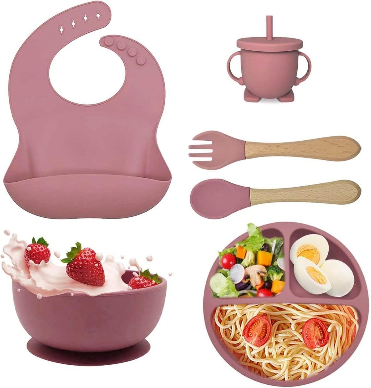 Silicone Baby Feeding Set – BPA-Free Food Grade Silicone with Suction Bowl, Divided Plate, Soft Bib, Spoon & Fork. Safe, Durable, Self-Feeding Essentials for Babies & Toddlers. (Dark Pink)-image-49