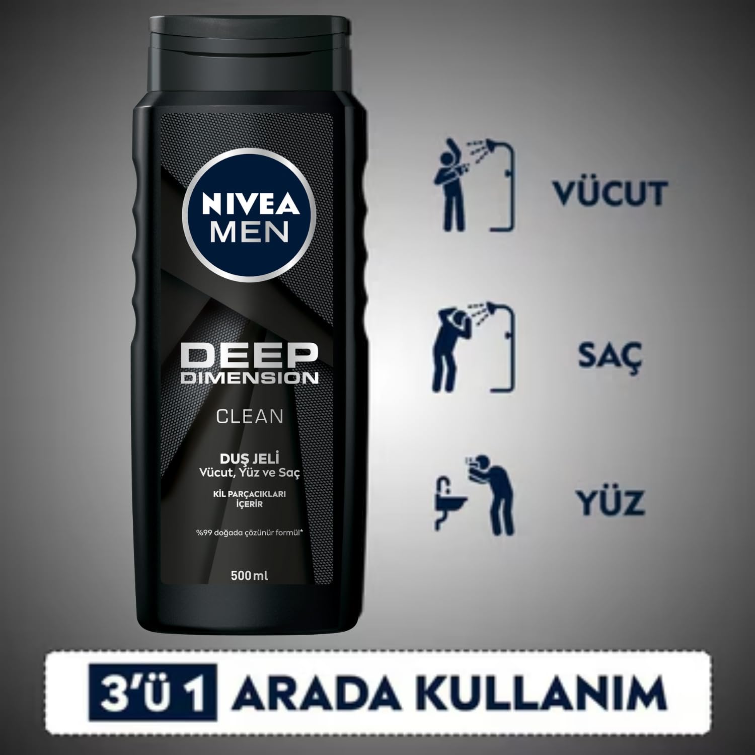 NIVEA Men Deep Dimension Duş Jeli 500 ml,3'ü 1 Arada Komple Bakım,Vücut, Saç ve Yüz için + NIVEA Men Boost Duş Jeli 500 ml, 3'ü 1 Arada Komple Bakım, Vücut, Saç ve Yüz,Kafein ile Canlandırıcı Bakım X2
