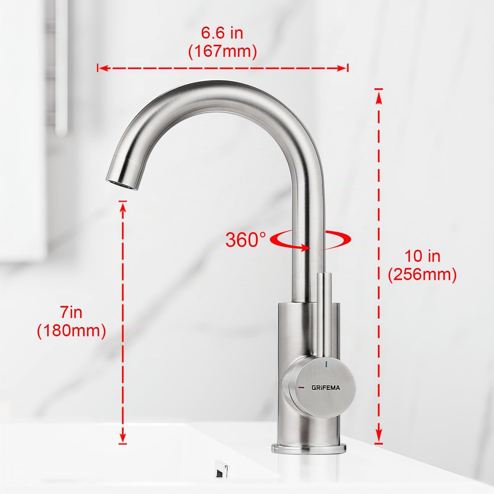 GRIFEMA Miscelatore Lavabo Bagno Alto Grigio Opaco, Rubinetto Girevole a 360° in Ottone, Monocomando Moderno Antracite per Lavandino, Bocca Alta 180mm, Design Anti-corrosione, Attacco G3/8, G1002A