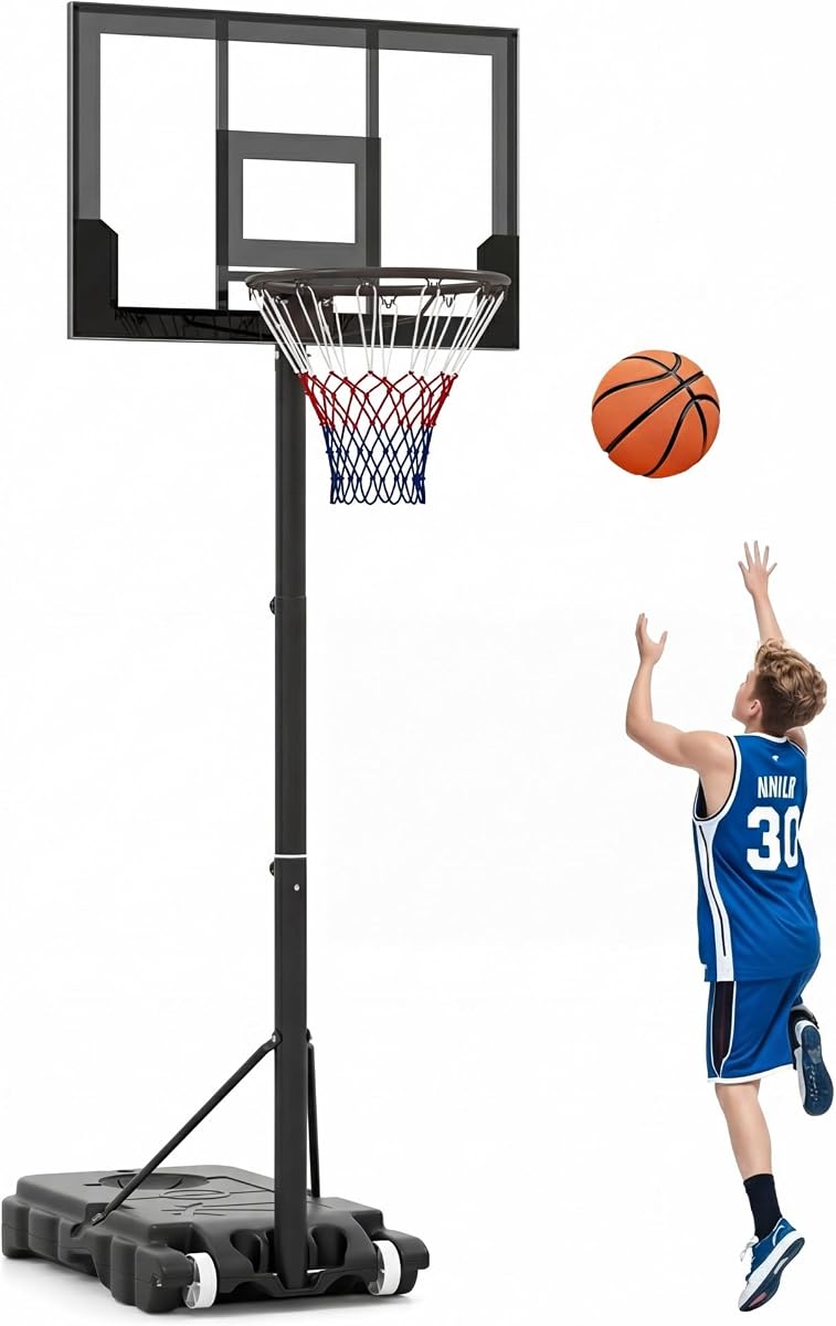 OLAKIDS Basketball Hoop Outdoor, Portable 3.3-7 FT Height Adjustable Goal System with Wheels Shatterproof Backboard, Fillable Base for Kids Youth Teens Adults Driveway Backyard Pool Indoor