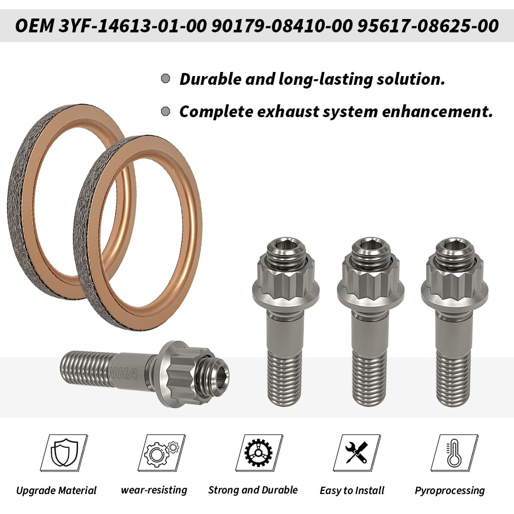 Titanium Stud Bolt Gaskets Kit Compatible with Yamaha Grizzly 660 2002-2008 Rhino 660 2004-2007 Raptor 660R 2001-2005 OEM# 3YF-14613-01-00 90179-08410-00 95617-08625-00