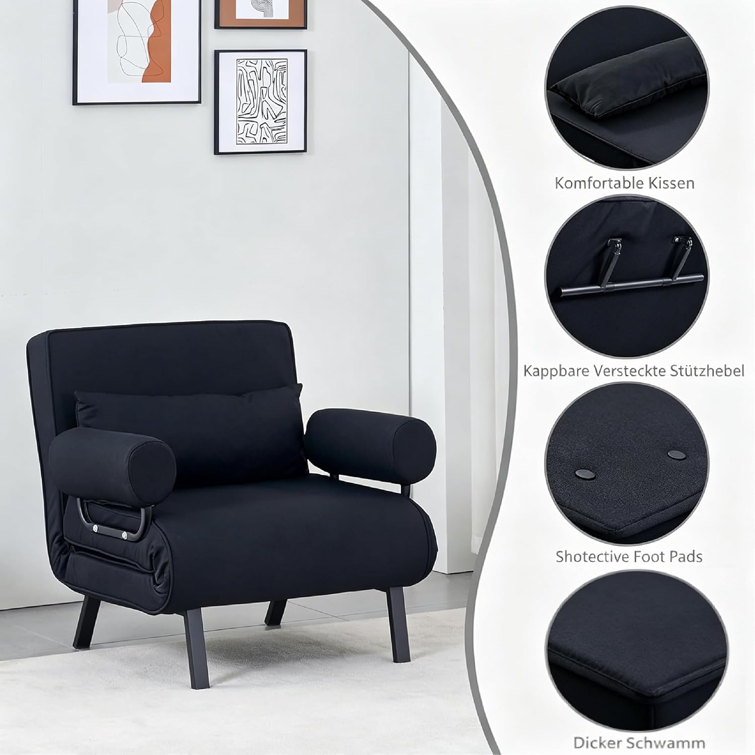 LSLIFE 4 in 1 Schlafsessel, Schlafsofa mit Bettfunktion Armlehnen & Kissen verstellbar 6-Position Rückenlehne Liegestühl Lounge Couch Guest Sleeper Sessel für Home Office ﻿ (80cm schwarz)