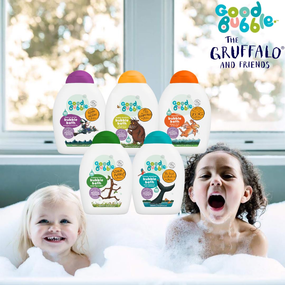 Good Bubble Zog - Baño de burbujas con fruta de dragón y naranja, 400 ml para pieles sensibles y propensas a eccemas, baño de burbujas vegano para niños pequeños