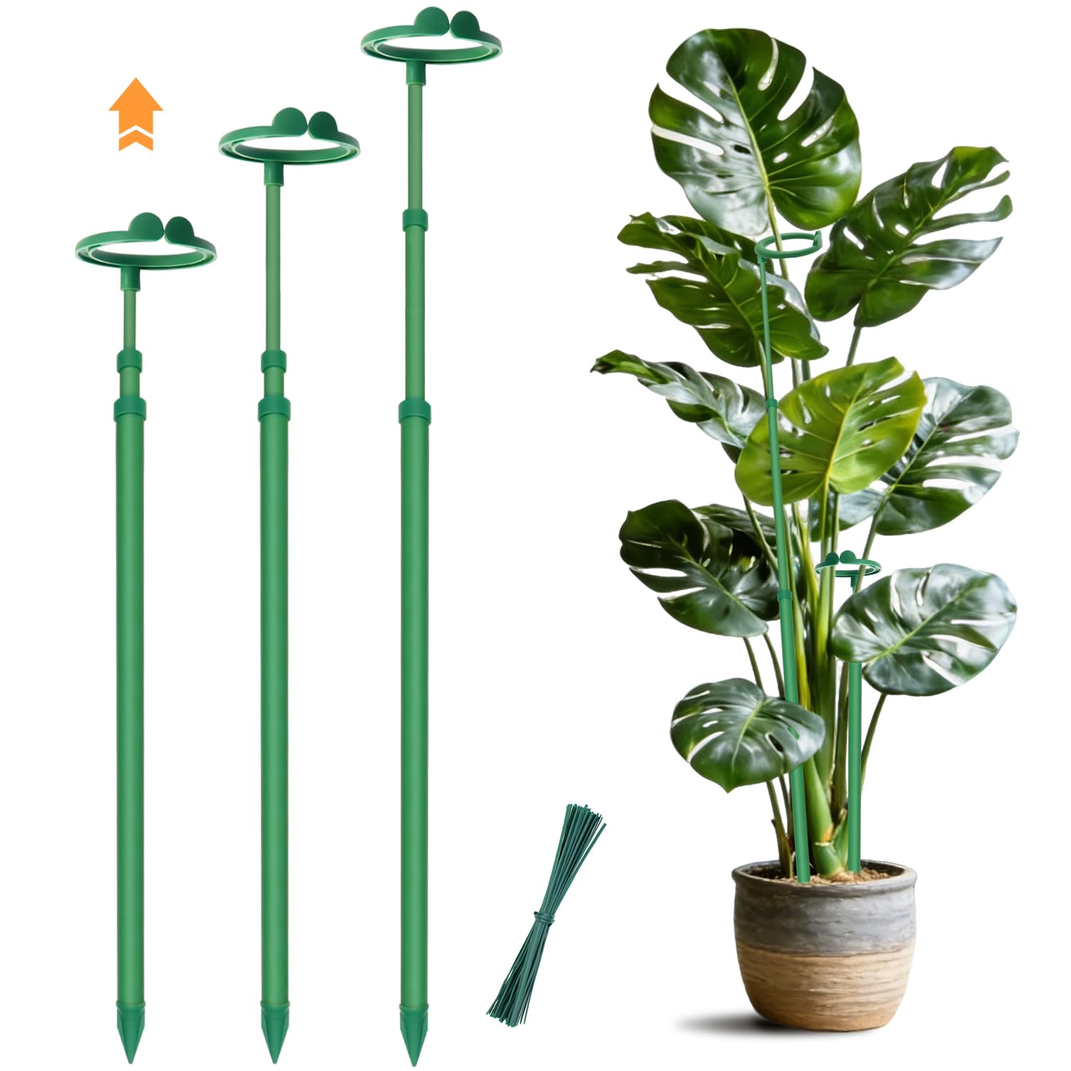 Telescoping Plant Stakes 3PCS, Length Scalable from 17.3IN to 42.3IN, Sturdy Fiberglass Monstera Plant Support,Orchid Sticks with Clips,Garden Stakes for Potted Plants,Tomatoes,Vegetables, Monstera