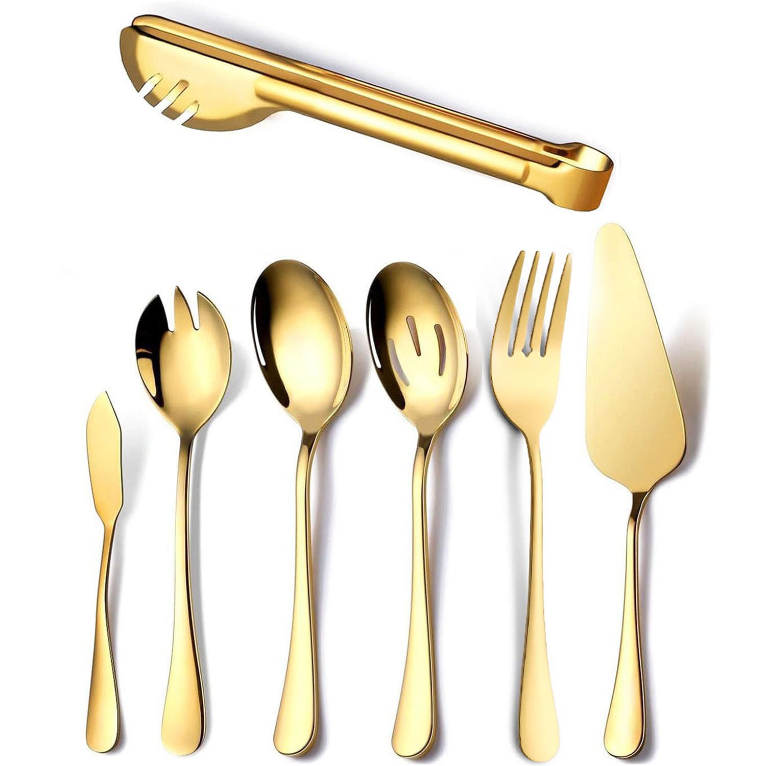 Catering Serving Utensils Set, 7 Piece Stainless Steel Mirror Polished Cutlery Flatware Set, Dishwasher Safe Large Serving Spoon Set, Serving Spoons for Parties, Kitchen, Buffet (Gold)
