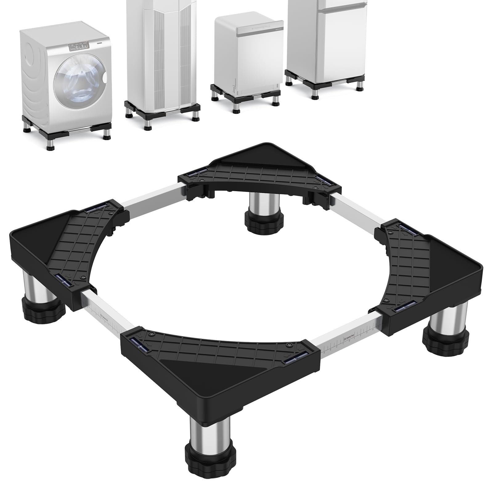 Grpoche 洗濯機 台 洗濯機嵩上げ台 冷蔵庫 置き台 4足 昇降可能 かさ上げ台 奥行/幅:45.5～70cm 高度調節13~16cm 耐荷重:300kg ジャッキ付き 底上げ 防振 冷蔵庫 台 異音振動軽減 防振パッド (ブラック, 13~16cm高さ調節)