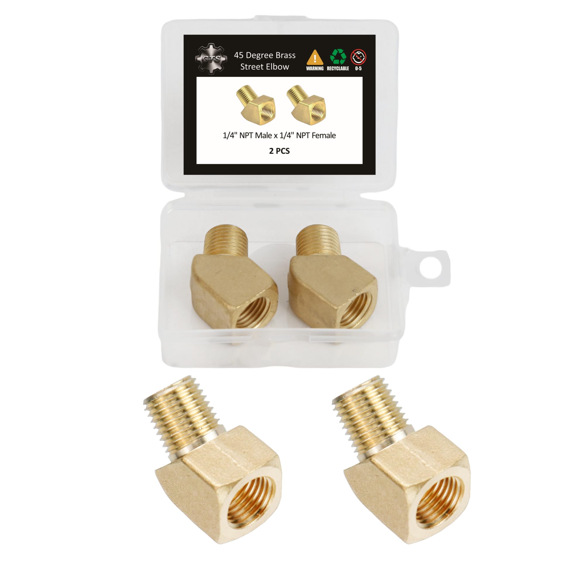 2-Pack 45 Degree Brass Street Elbow, 1/4" NPT Male to Female Pipe Fitting