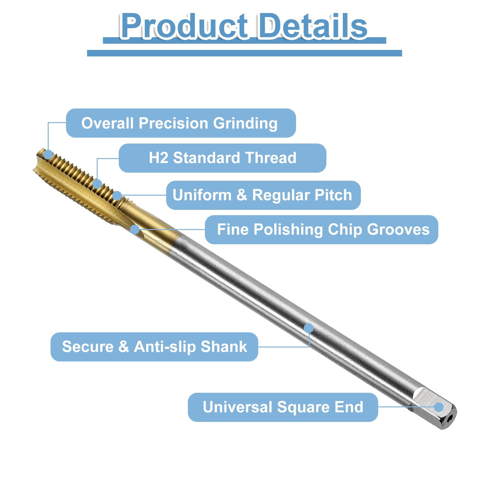 QUARKZMAN 3pcs Machos Roscar, M8 X 1.25 120Mm Extra Largo Métricos Recubiertos Titanio Herramientas Roscado de Tornillos para Máquinas de Roscado, Acero de Alta Velocidad 6542 (Hss 6542)