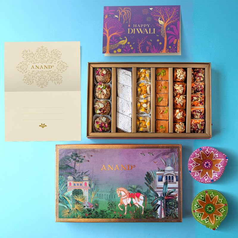 Image of ANAND Royal Stalin Diwali Gift Box 1000gm | Dink laddu, Kaju katli, Chanadal Burfi, Baklava Bukaj, Rosemilanze, Kaju Tokri | Mouth Watering Authentic Dish | No Preservatives | With Diya & Card