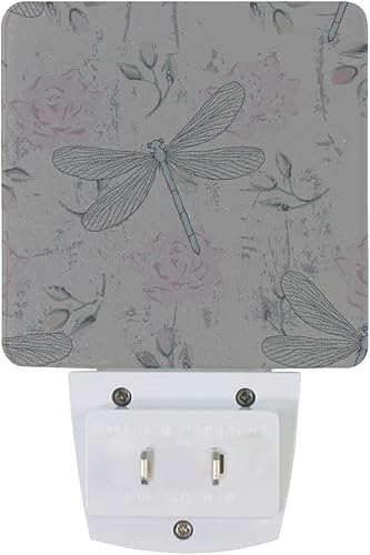 Miniatura 2 de Lámpara de noche LED enchufable con sensor de luz, libélulas florales grungy, luz blanca, paquete de 2 unidades, para pasillo, baño, dormitorio y