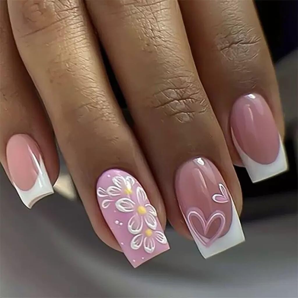 CTTHNBD Press on Nails Square - Medium Fake Nails with Flower Heart Design - White French Tip False Nails Press ons - for Women 24 Pcs