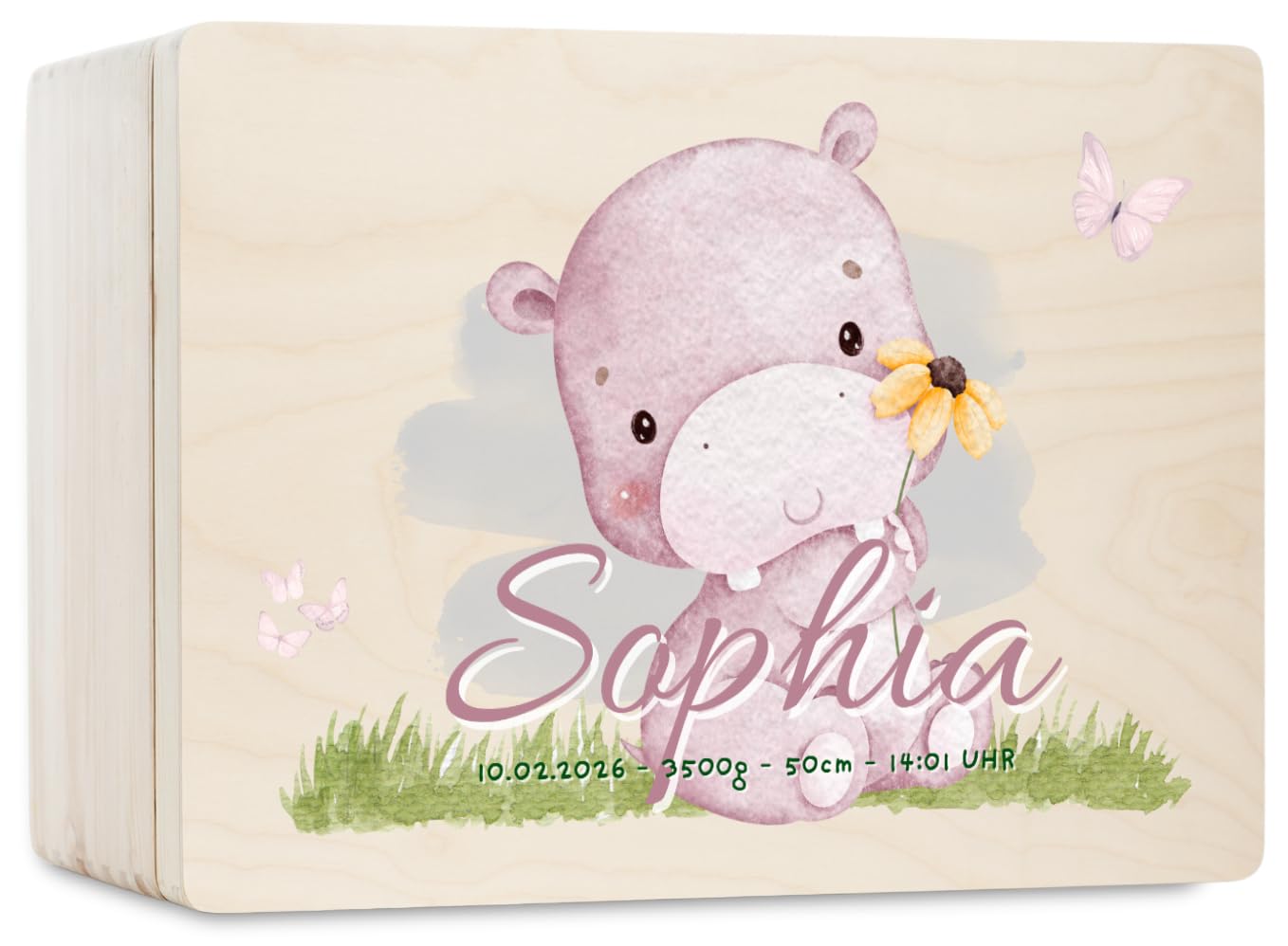Pinus Personalisierte Erinnerungskiste aus Holz - 60x40x23 cm eschenkbox mit Text zur Geburt, Taufe oder Geburtstag - Hochwertige personalisierbare Holzbox für Babyerinnerungen