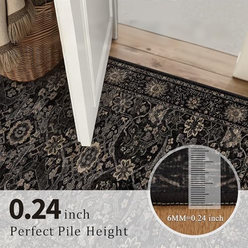 Image of 8x10 Washable Rug for Living Room Bedroom Black Low Pile Soft Non-Slip Large Rug for Under Table Boho Distressed Retro Carpet for Bedroom Kitchen Office Dining