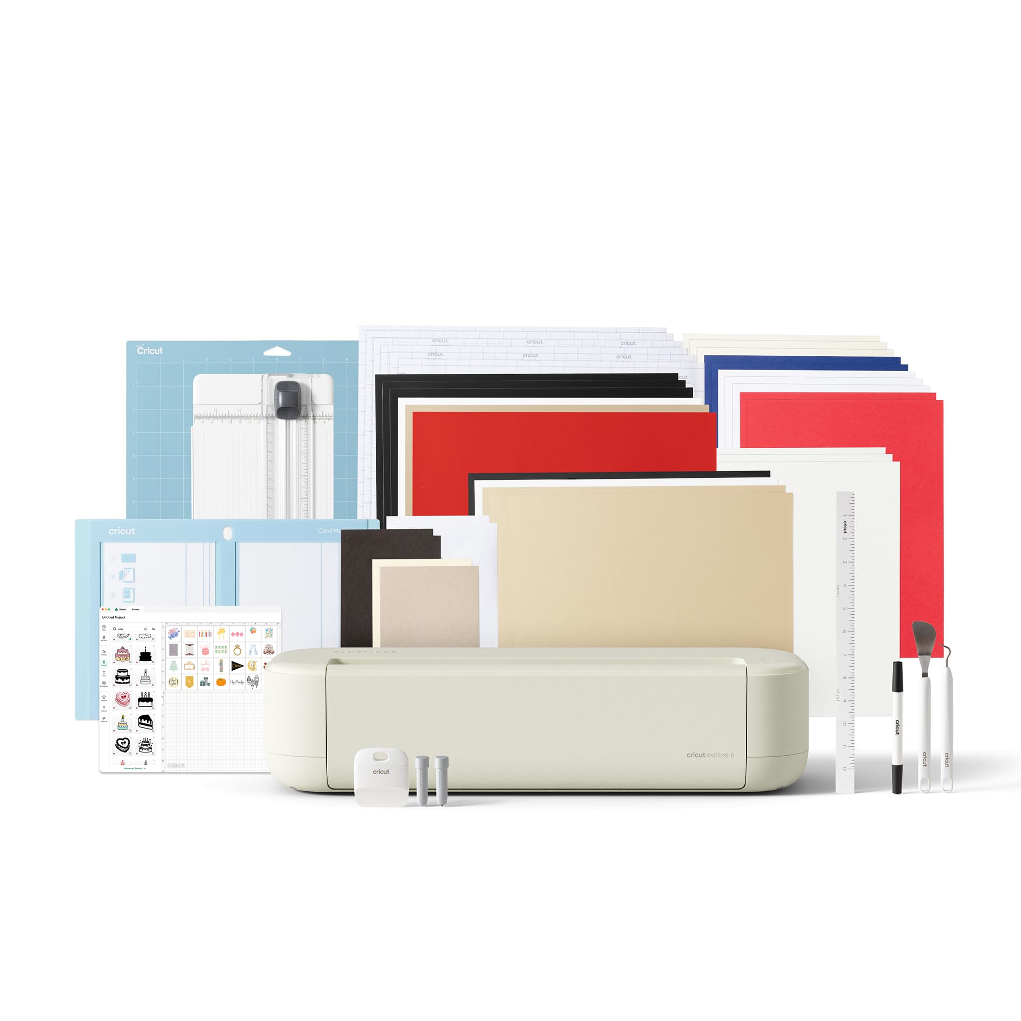 Cricut Explore® 5 Essential Bundle + Digital Content, Taupe - Precise Cutting Machine - Works with 100+ Materials - Sleek, Simplified Design - Includes Supplies for 65 Projects + Bonus Digital Content - 2