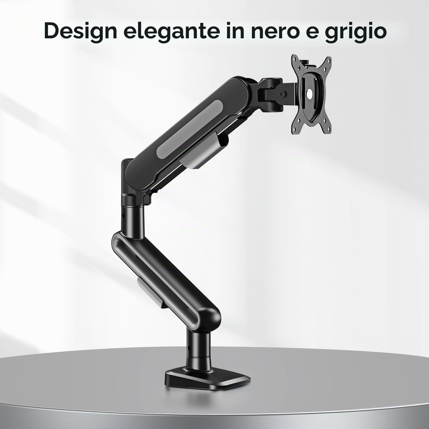ELIVED Supporto da scrivania per monitor singolo per schermi da 13-34", supporta max 12 kg, inclinabile e girevole, braccio regolabile in altezza con molla a gas, VESA 75 e 100 mm, morsetto a C e base